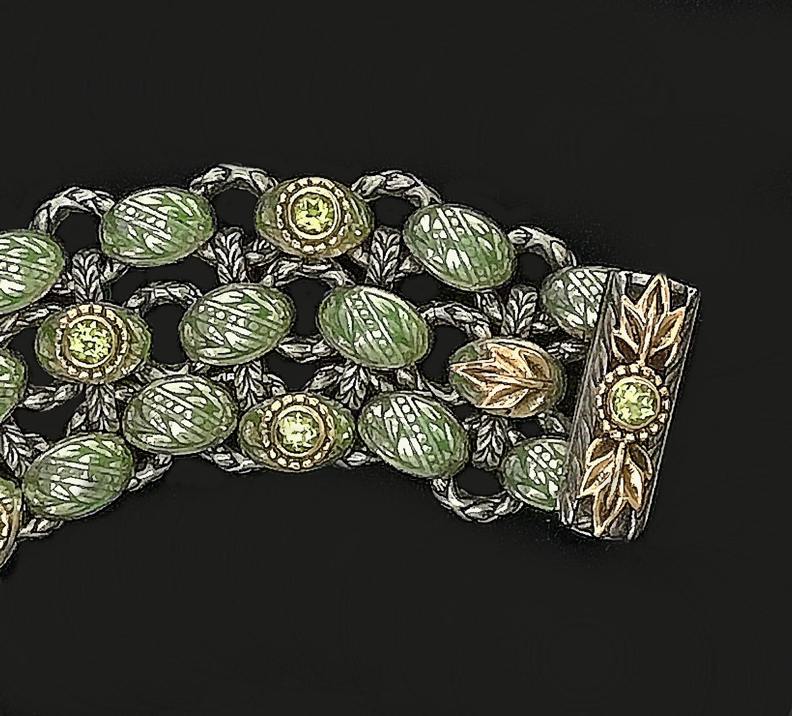 Sterling silver and 18k yellow gold engraved bracelet featuring twelve round faceted fine Peridot,  accented with Peridot vitreous enamel. The bracelet is fastened by a 