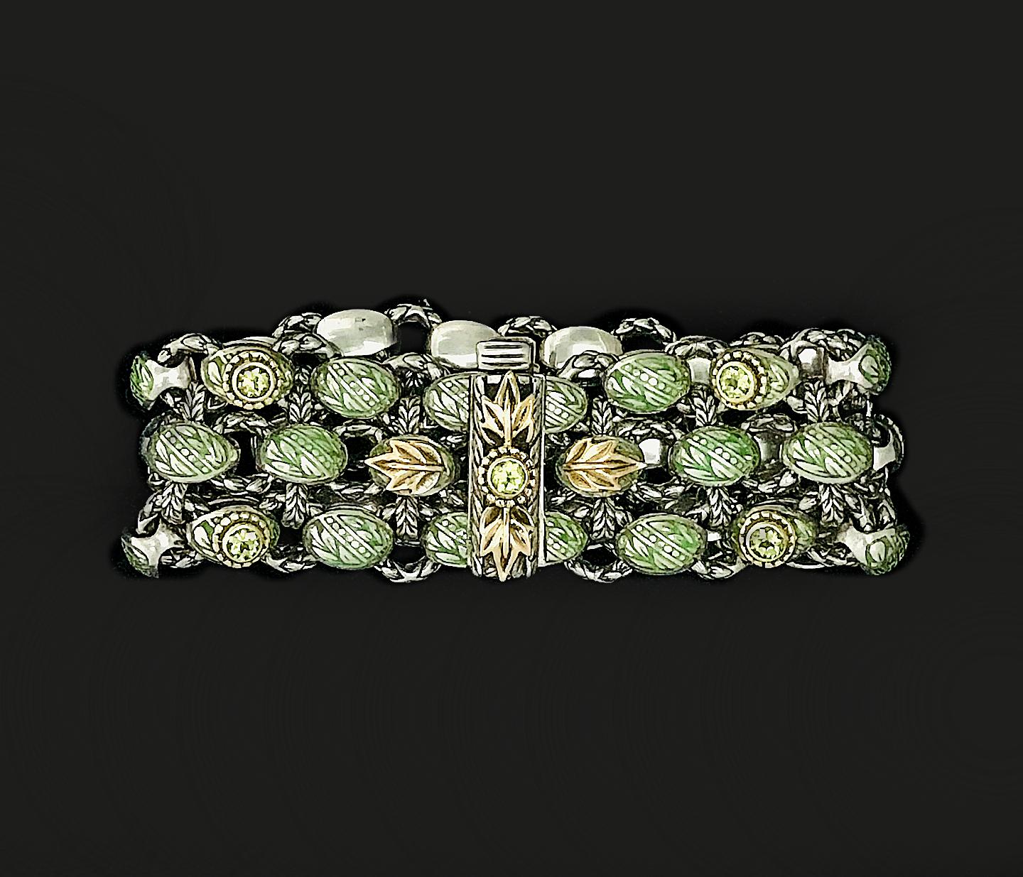 Brilliant Cut Handmade Three-Row Laurel Leaf Bracelet For Sale