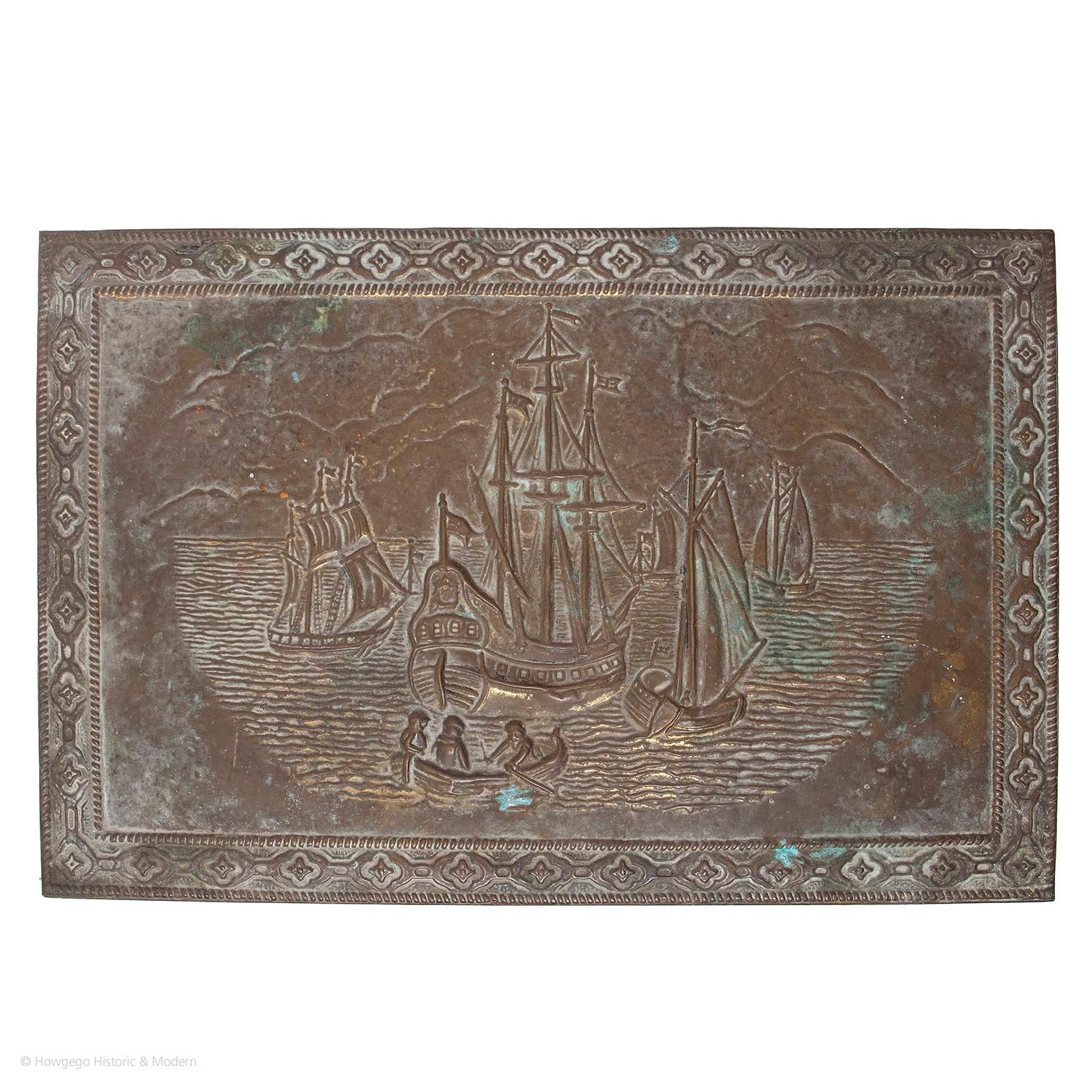 - Charming and characterful nautical design
- Depicting a fleet of five galleons or warships at anchor in a bay with three men in a dingy rowing ashore on the top
- The front with two warships in deep relief on the front in full sail one with the