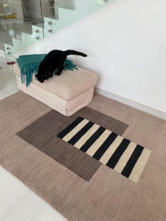 Brown, rug, handwoven, white black stripes, beige background 100pct wool carpet