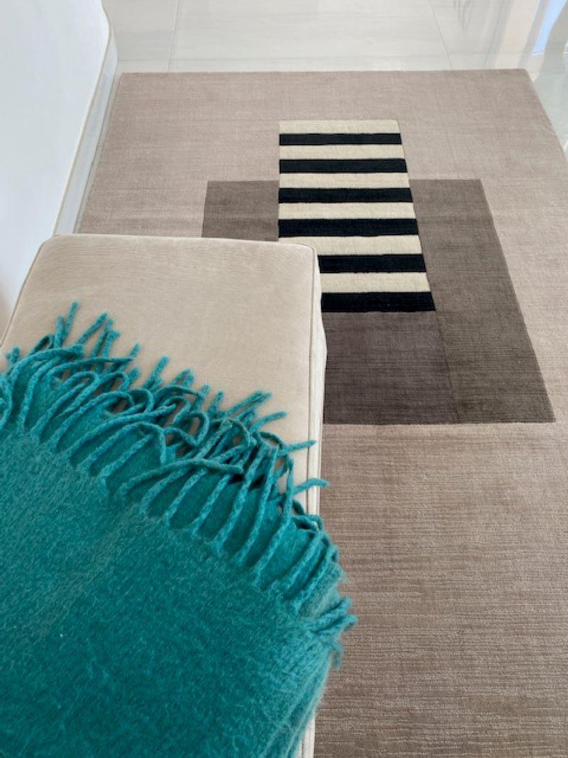 Scandinavian Modern  Brown, rug, handwoven, white black stripes, beige background 100pct wool carpet For Sale