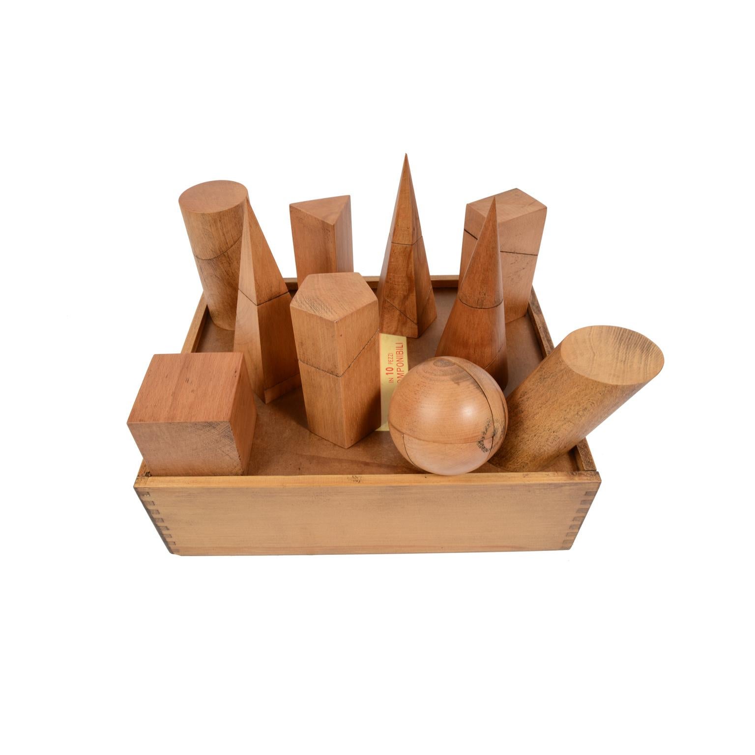 Box Containing 10 Dismountable Wooden Geometric Solids Italy Vallardi, 1963 7
