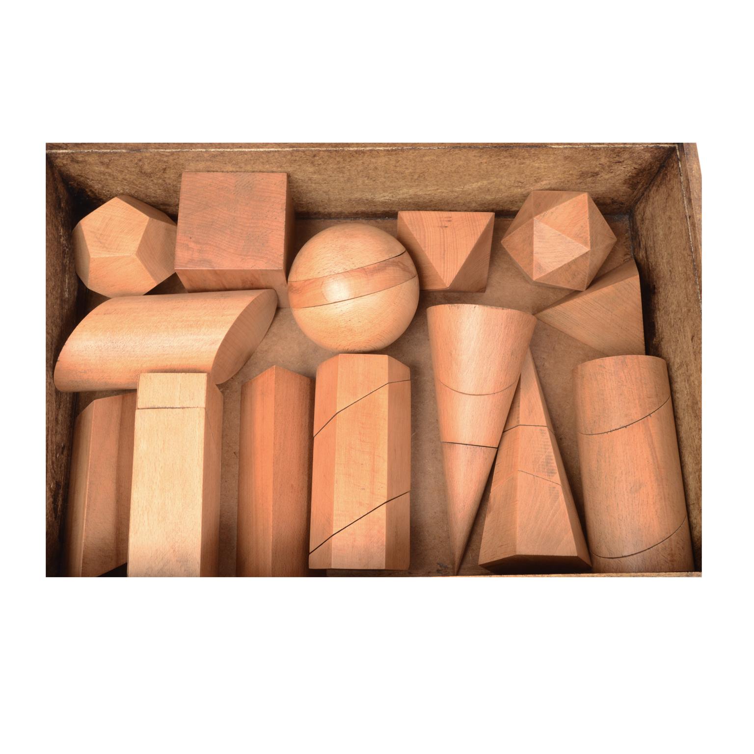 Box Containing 14 Dismountable Wooden Geometric Solids Italy Vallardi, 1963 In Good Condition In Milan, IT