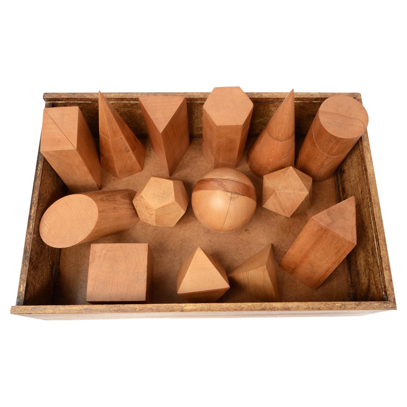 Box Containing 14 Dismountable Wooden Geometric Solids Italy Vallardi, 1963