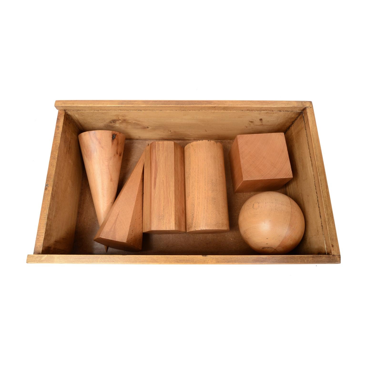 Italian 1963s Italy Vallardi Box With 6 Wooden Geometric Solids Scientific Instrument For Sale