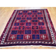 Box Design Vintage Persian Hamadan Red Natural Wool Hand Knotted Oriental Rug