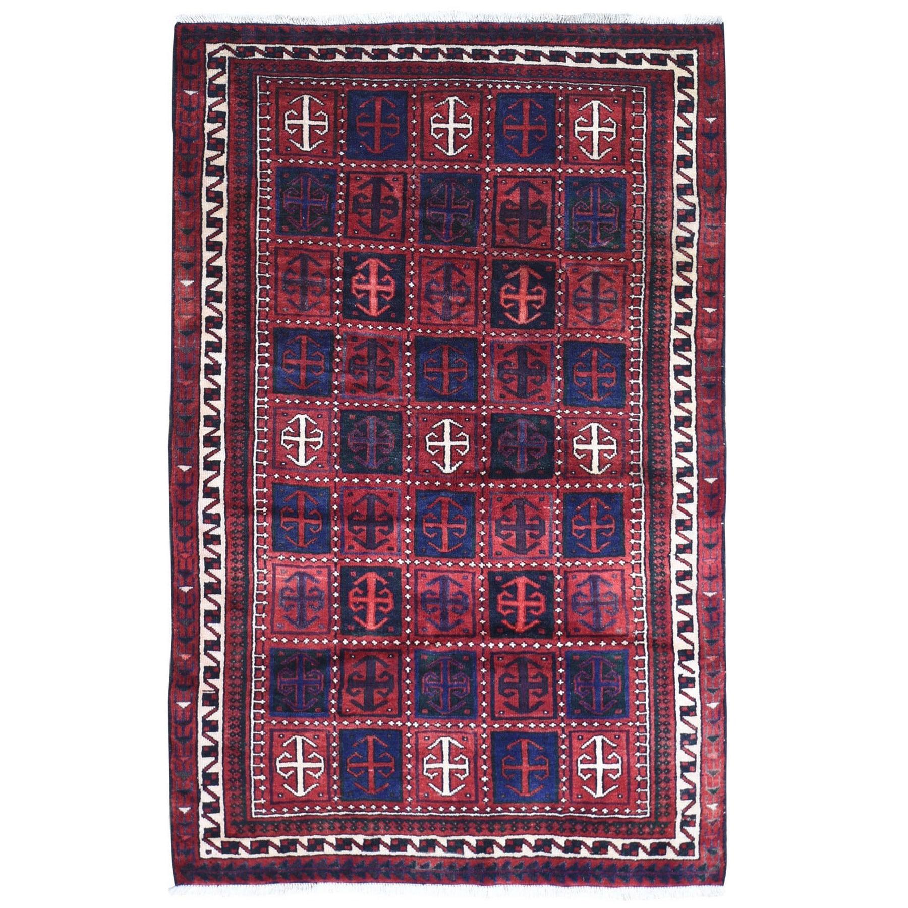 Box Design Vintage Persian Hamadan Red Natural Wool Hand Knotted Oriental Rug For Sale