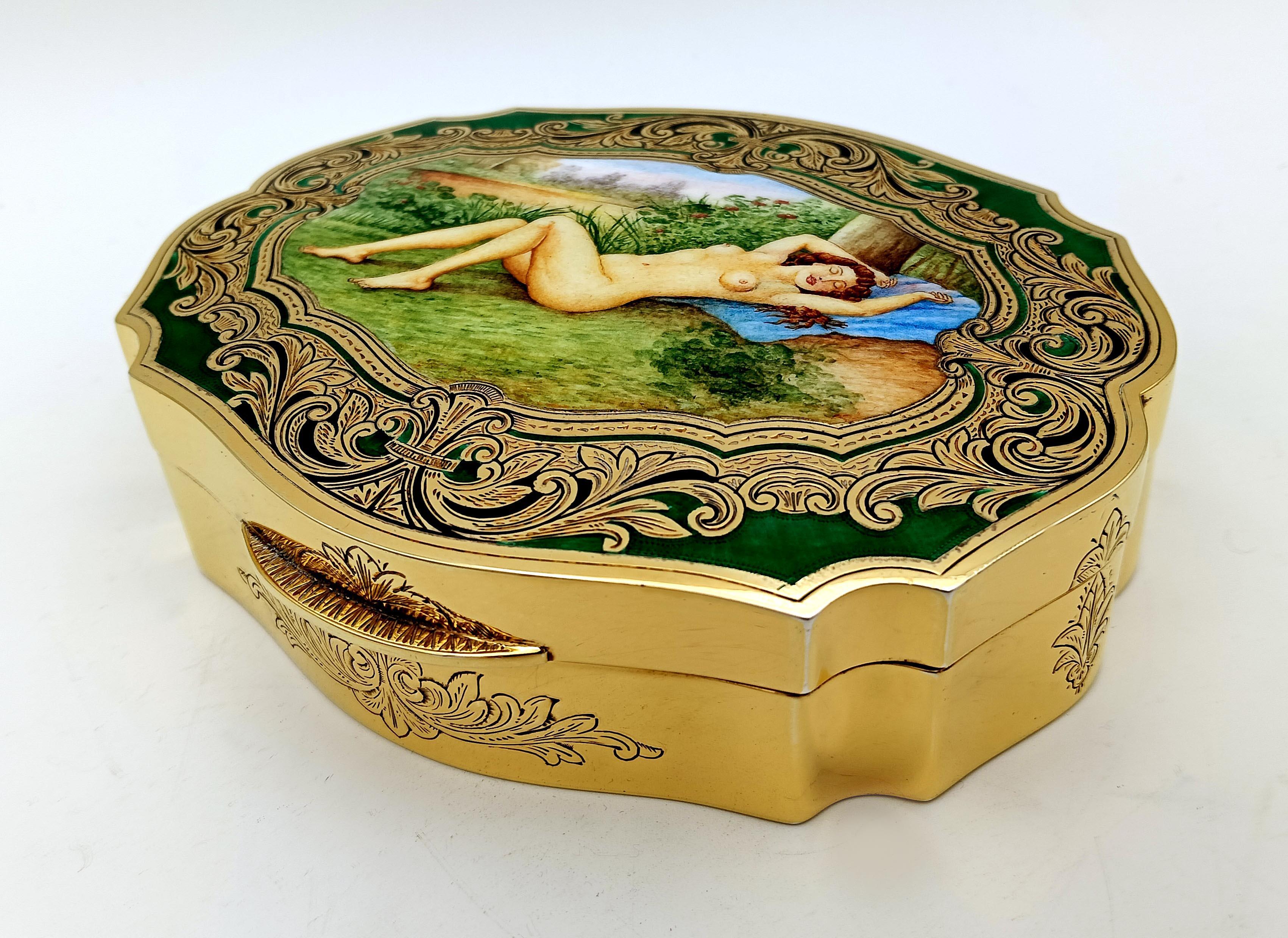 Barocco Scatola smaltata in miniatura e incisione a mano in argento Sterling Salimbeni in vendita