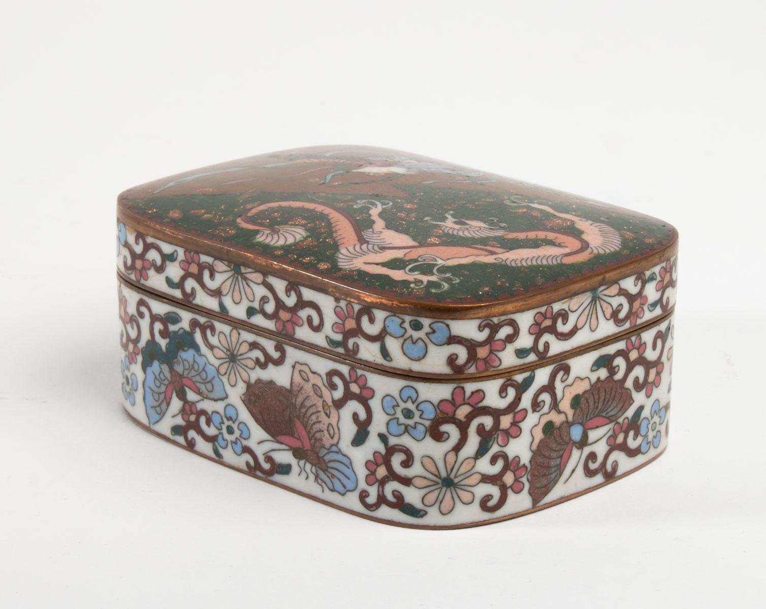 Japanese Box Enamels Cloisonné on Copper Decor Dragon and Phoenix, Japan, 1880