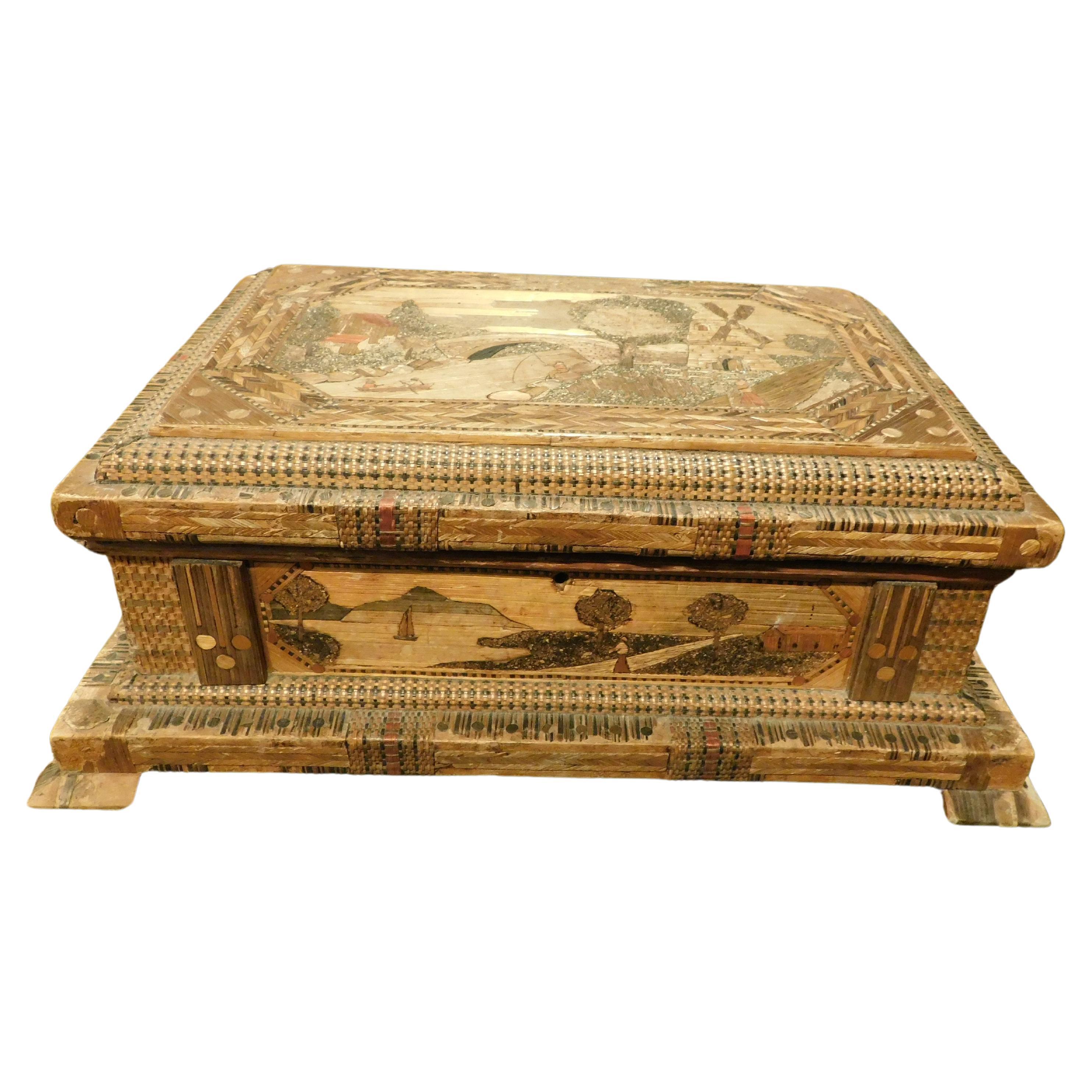 Caja para joyas o tesoros, con incrustaciones de paja, Italia