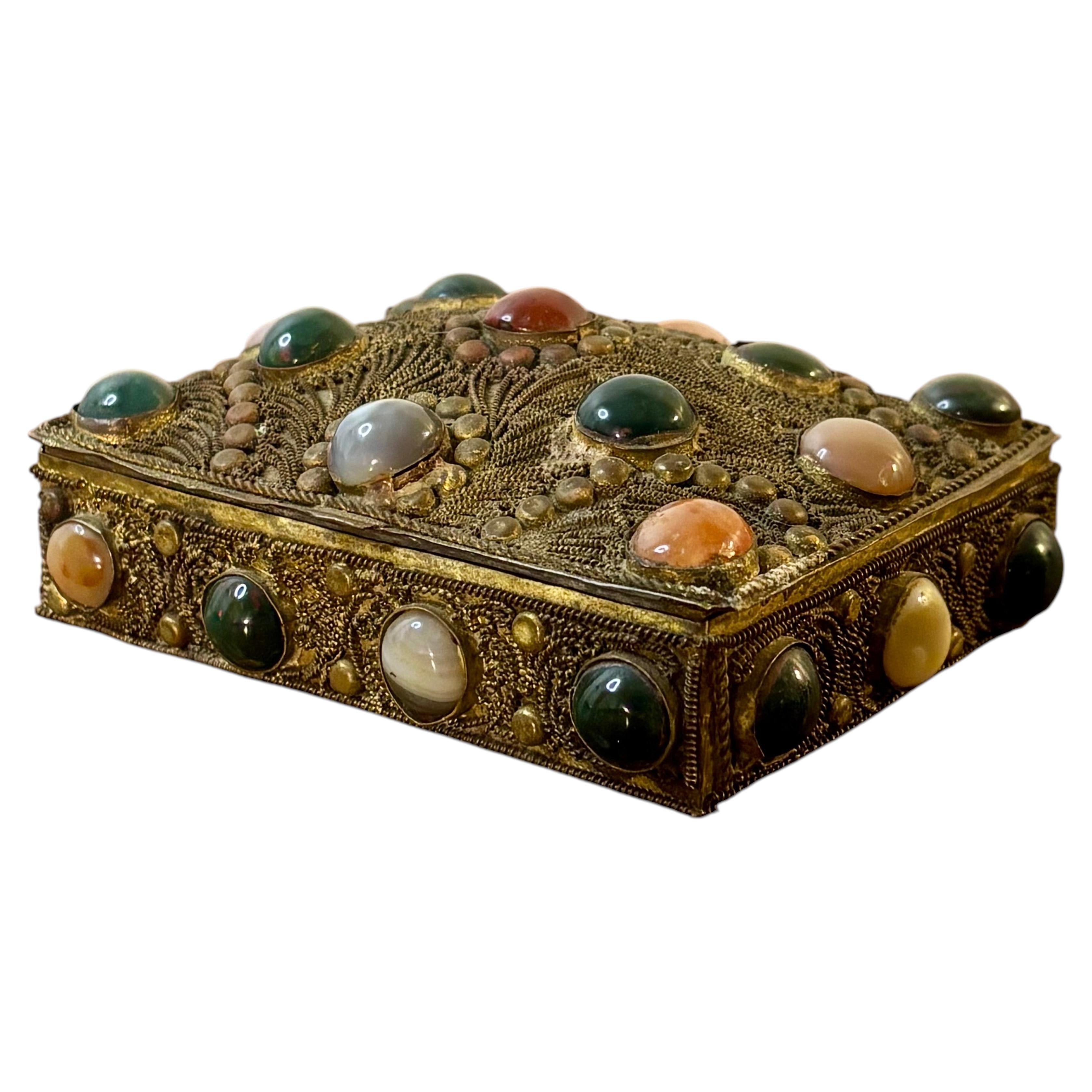 Antique Tibetan Filigree Jewelry Box, Agate Stone Brass Trinket Box