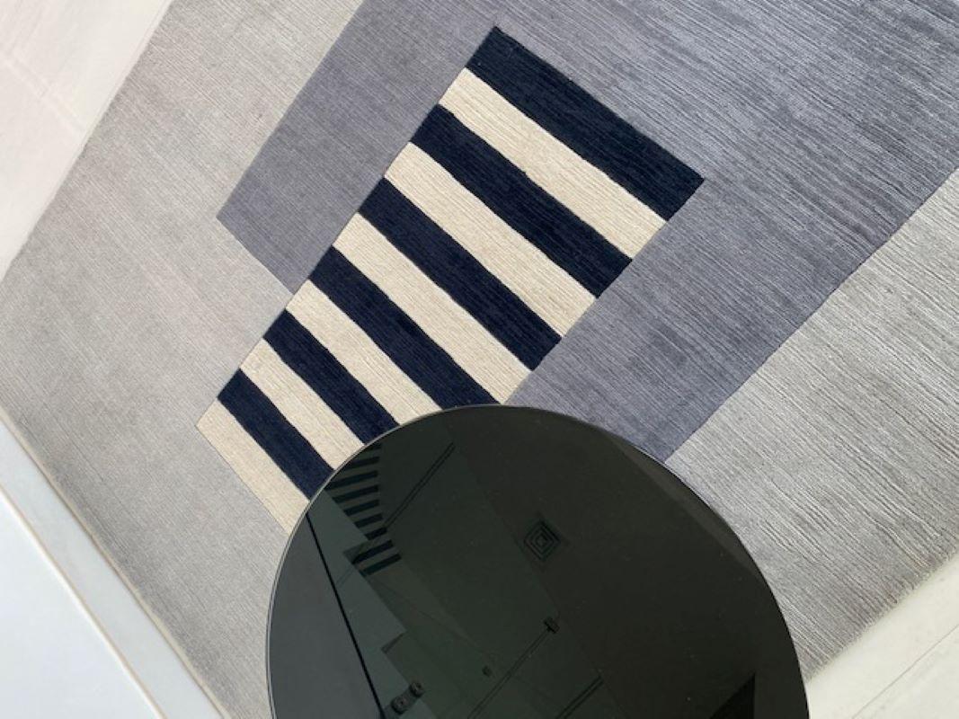 Scandinavian Modern Grey, carpet, modern, geometrical black and white stripes, hand woven, rug For Sale