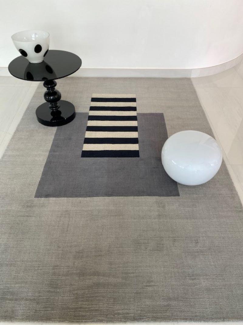 Indian Grey, carpet, modern, geometrical black and white stripes, hand woven, rug For Sale