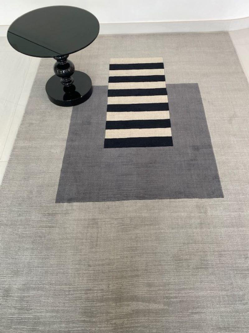 Hand-Woven Grey, carpet, modern, geometrical black and white stripes, hand woven, rug For Sale