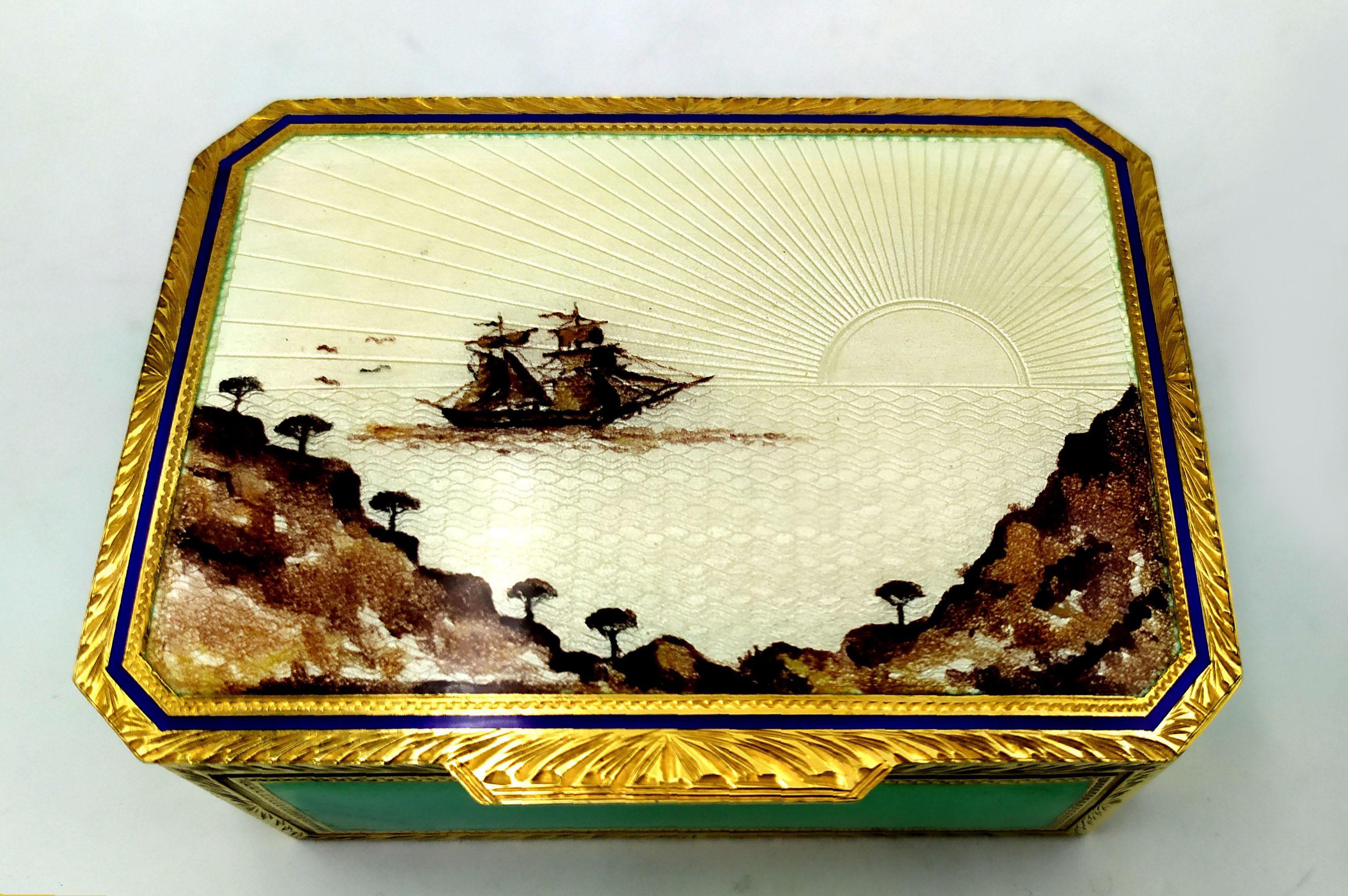 Boîte miniature peinte à la main sur guillochage et mouvement musical par Reuge S.A. à l'intérieur en vente 5