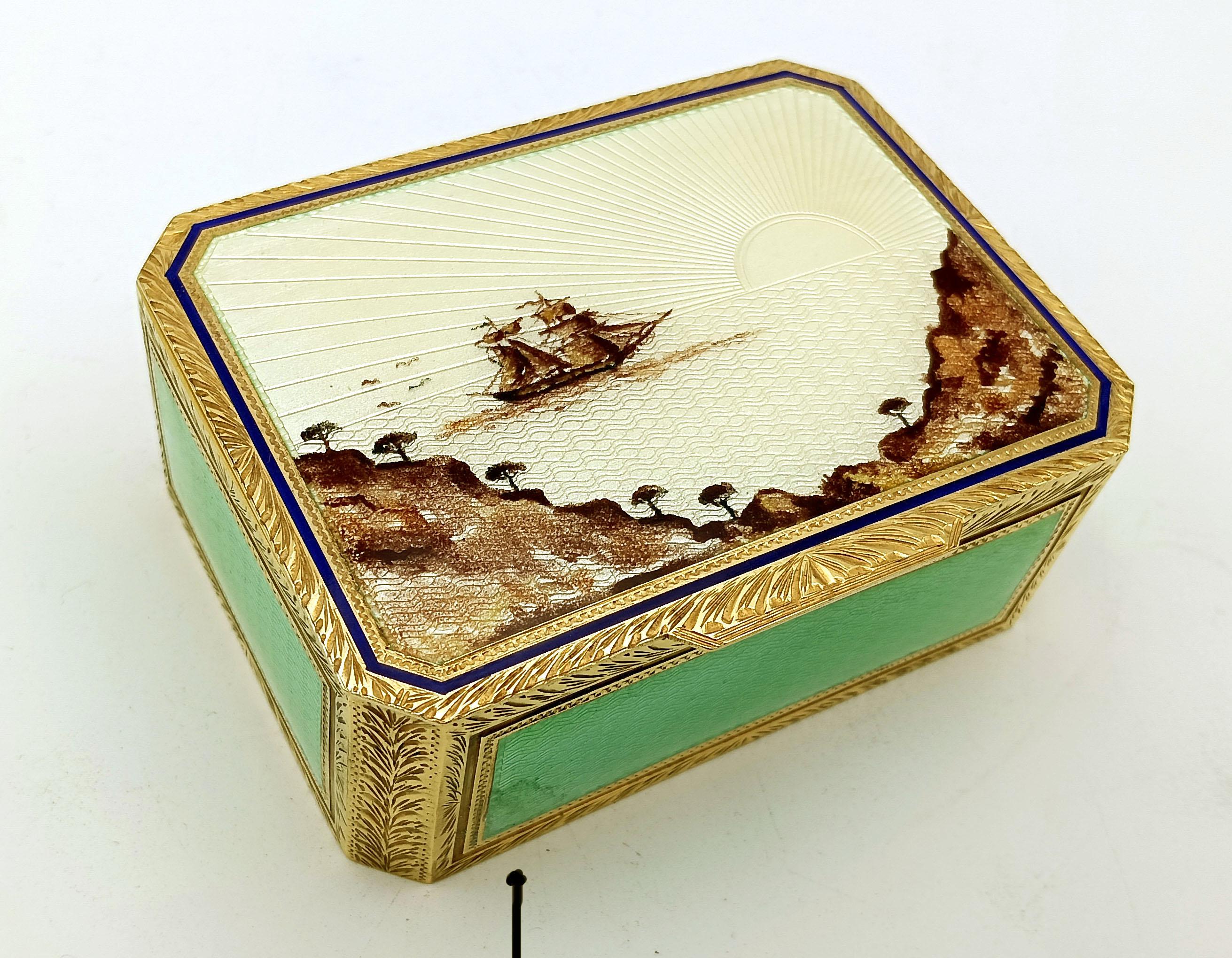 Boîte miniature peinte à la main sur guillochage et mouvement musical par Reuge S.A. à l'intérieur en vente 6