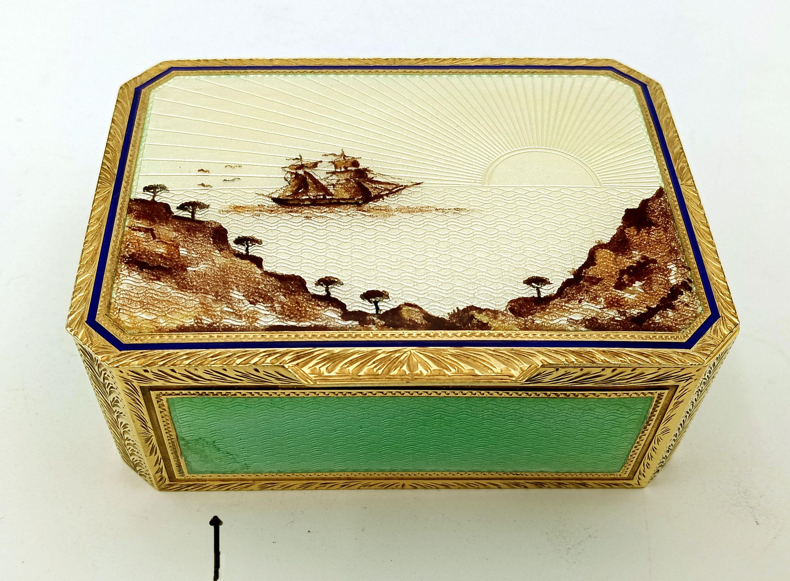 Boîte miniature peinte à la main sur guillochage et mouvement musical par Reuge S.A. à l'intérieur en vente 7