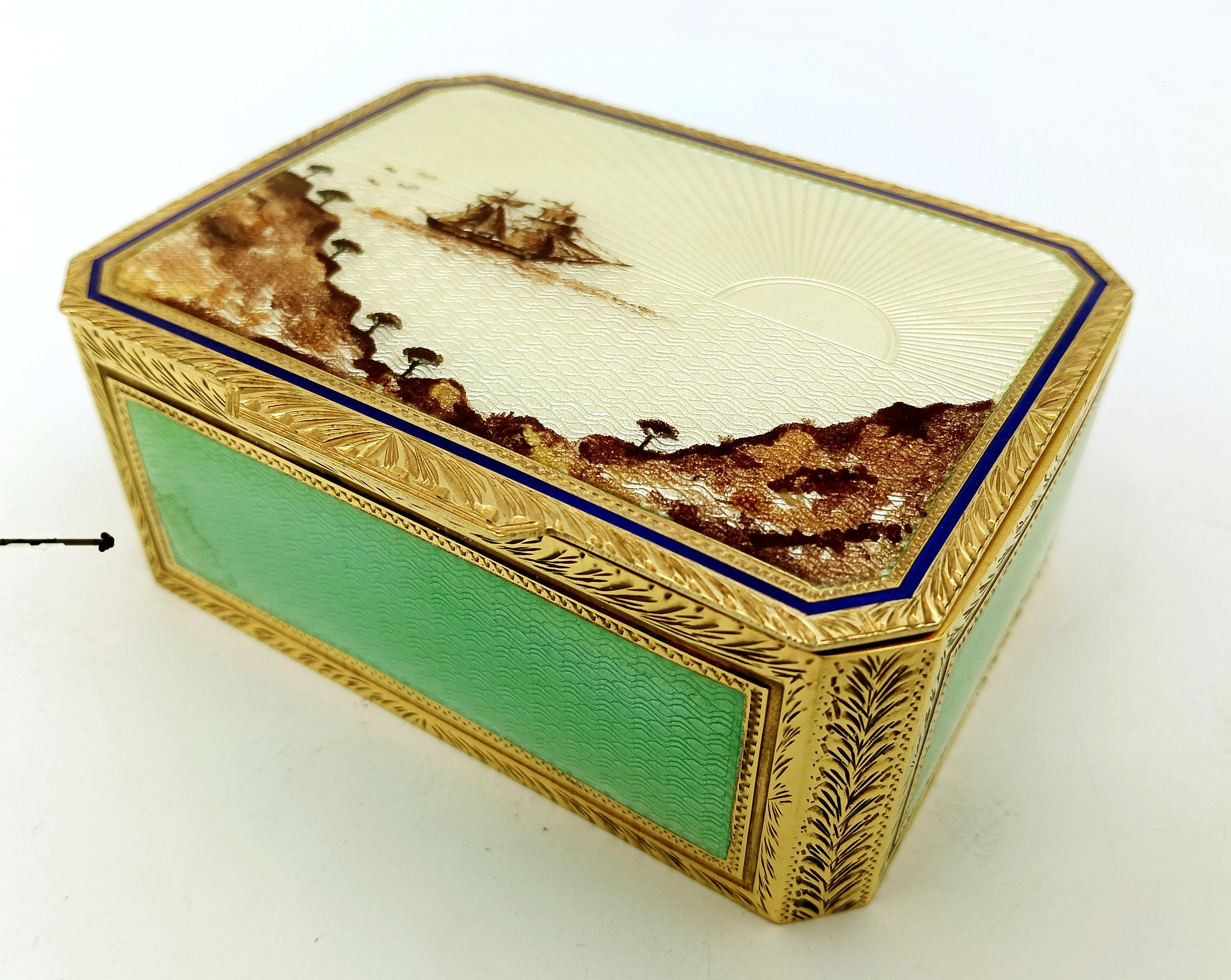 Boîte miniature peinte à la main sur guillochage et mouvement musical par Reuge S.A. à l'intérieur en vente 8