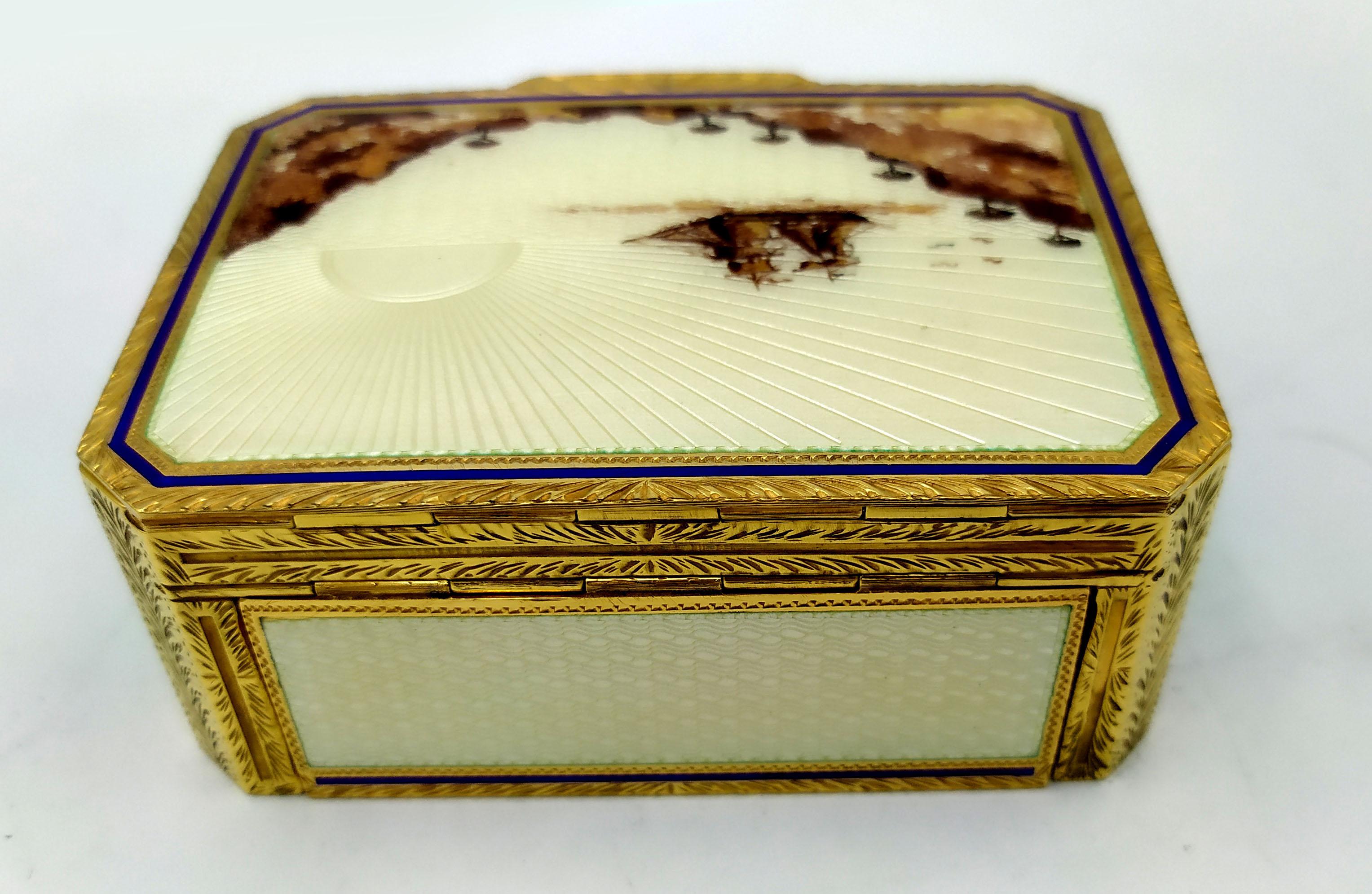 Boîte miniature peinte à la main sur guillochage et mouvement musical par Reuge S.A. à l'intérieur en vente 9