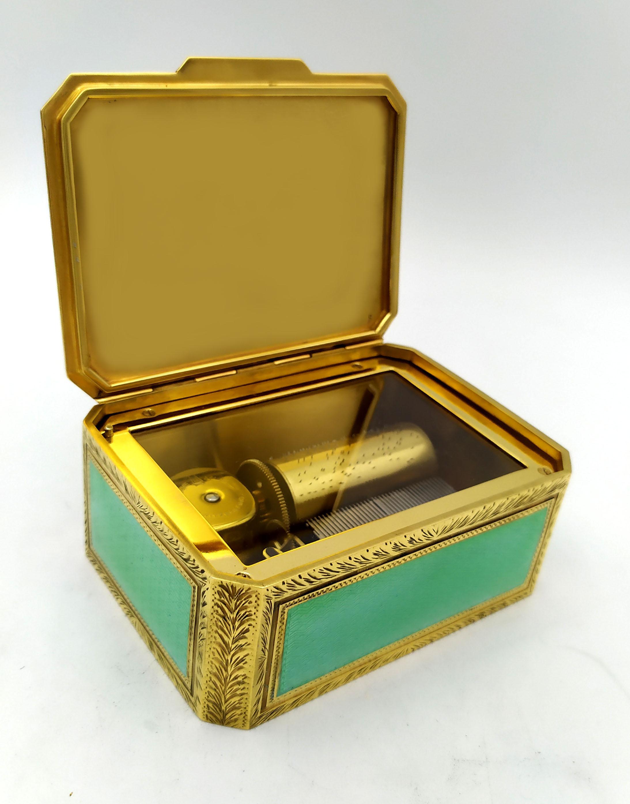 Boîte miniature peinte à la main sur guillochage et mouvement musical par Reuge S.A. à l'intérieur en vente 10