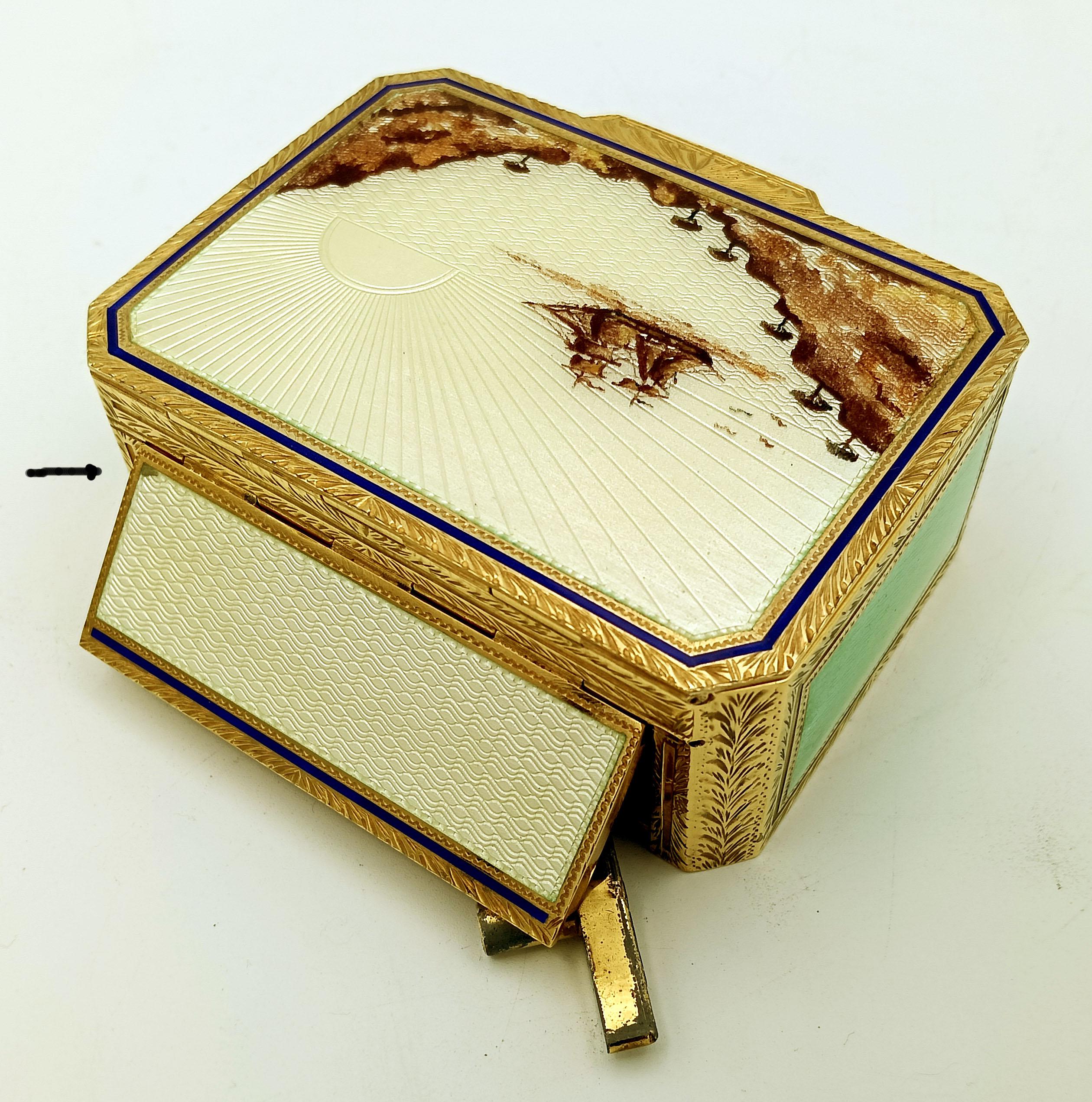 Émaillé Boîte miniature peinte à la main sur guillochage et mouvement musical par Reuge S.A. à l'intérieur en vente