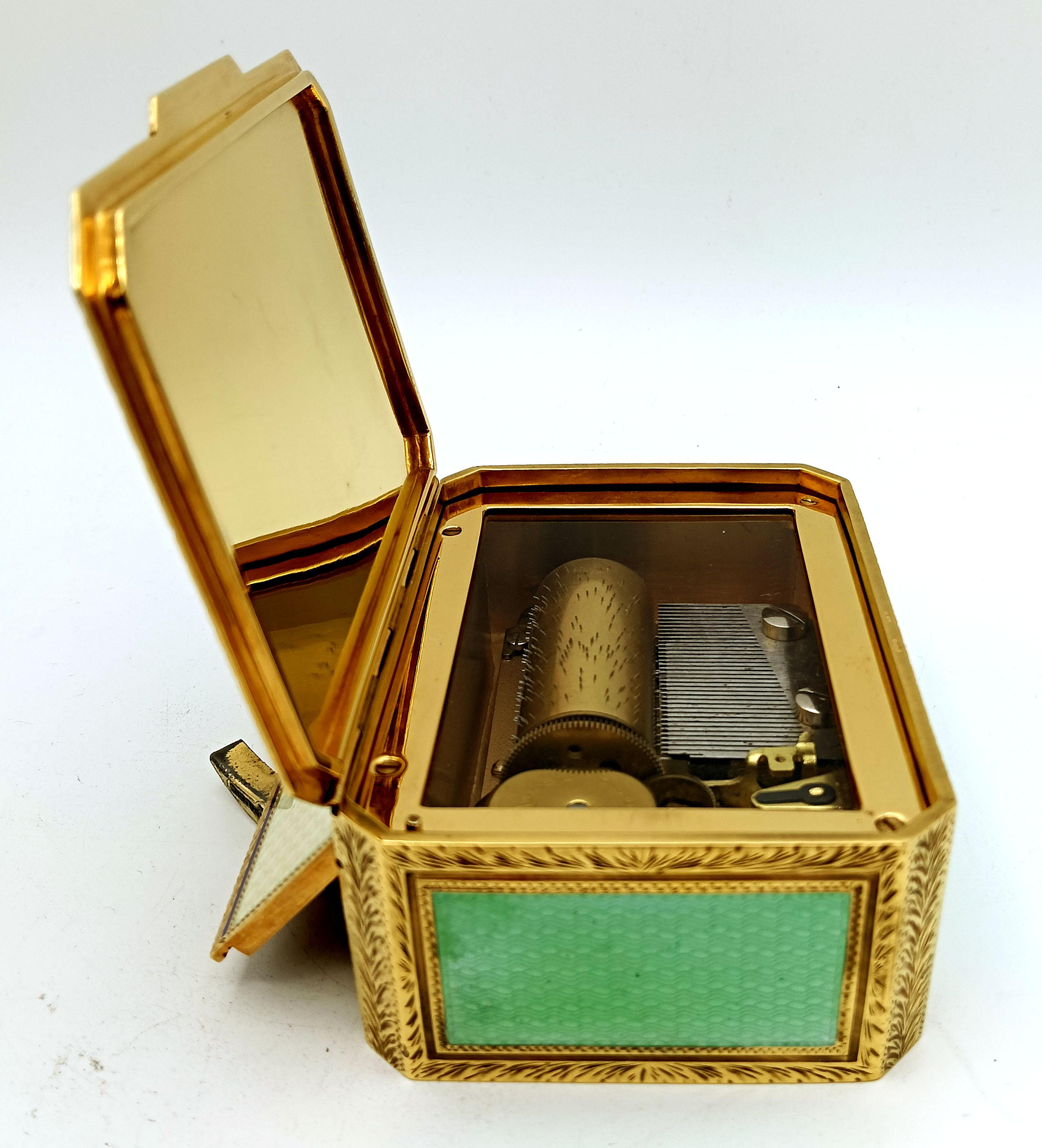 Fin du 20e siècle Boîte miniature peinte à la main sur guillochage et mouvement musical par Reuge S.A. à l'intérieur en vente