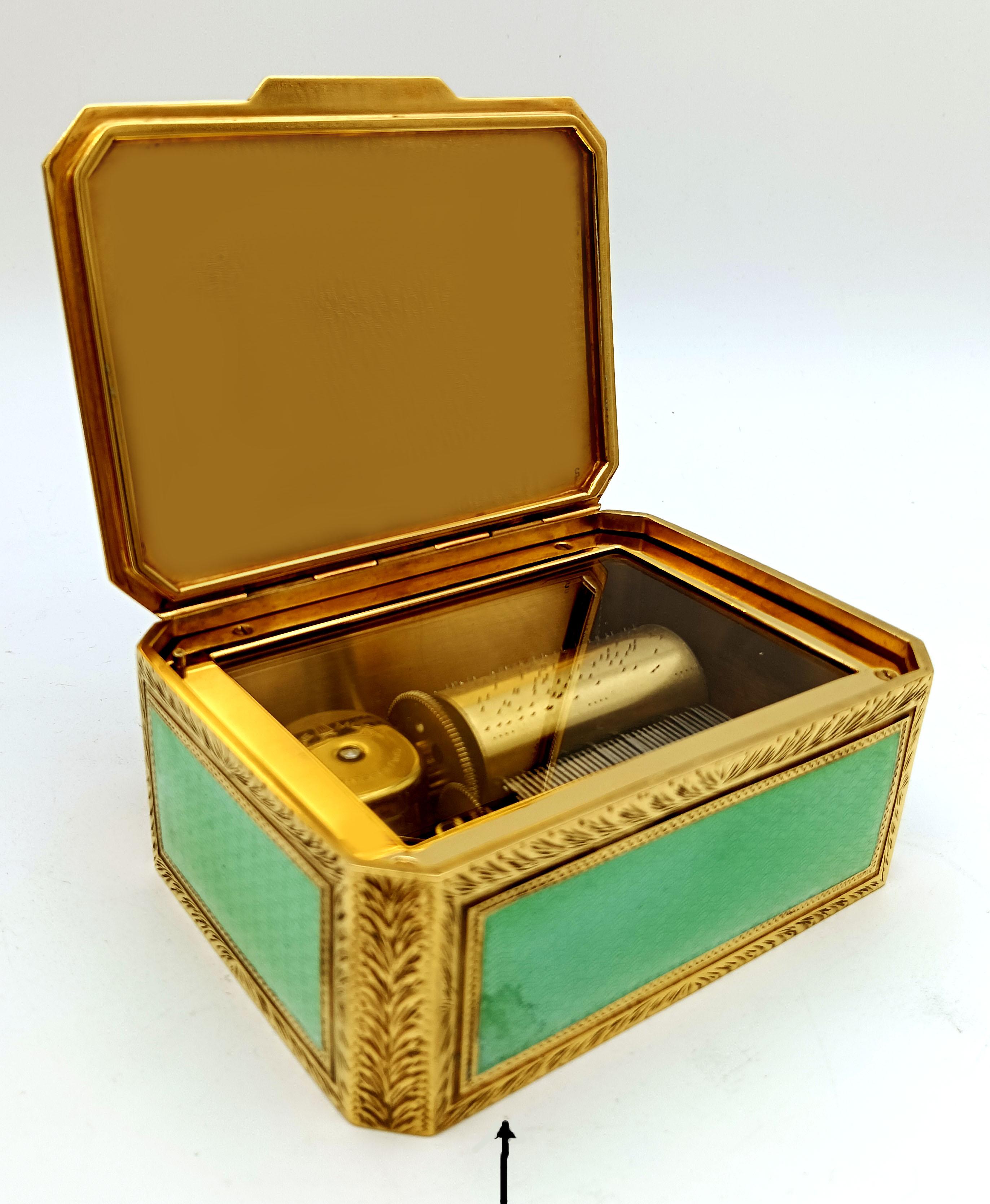 Or Boîte miniature peinte à la main sur guillochage et mouvement musical par Reuge S.A. à l'intérieur en vente