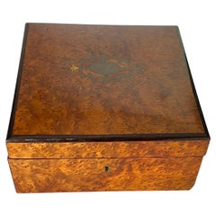 Antique Box in Burled Wood and Silk Brown Color, France, 19th Century