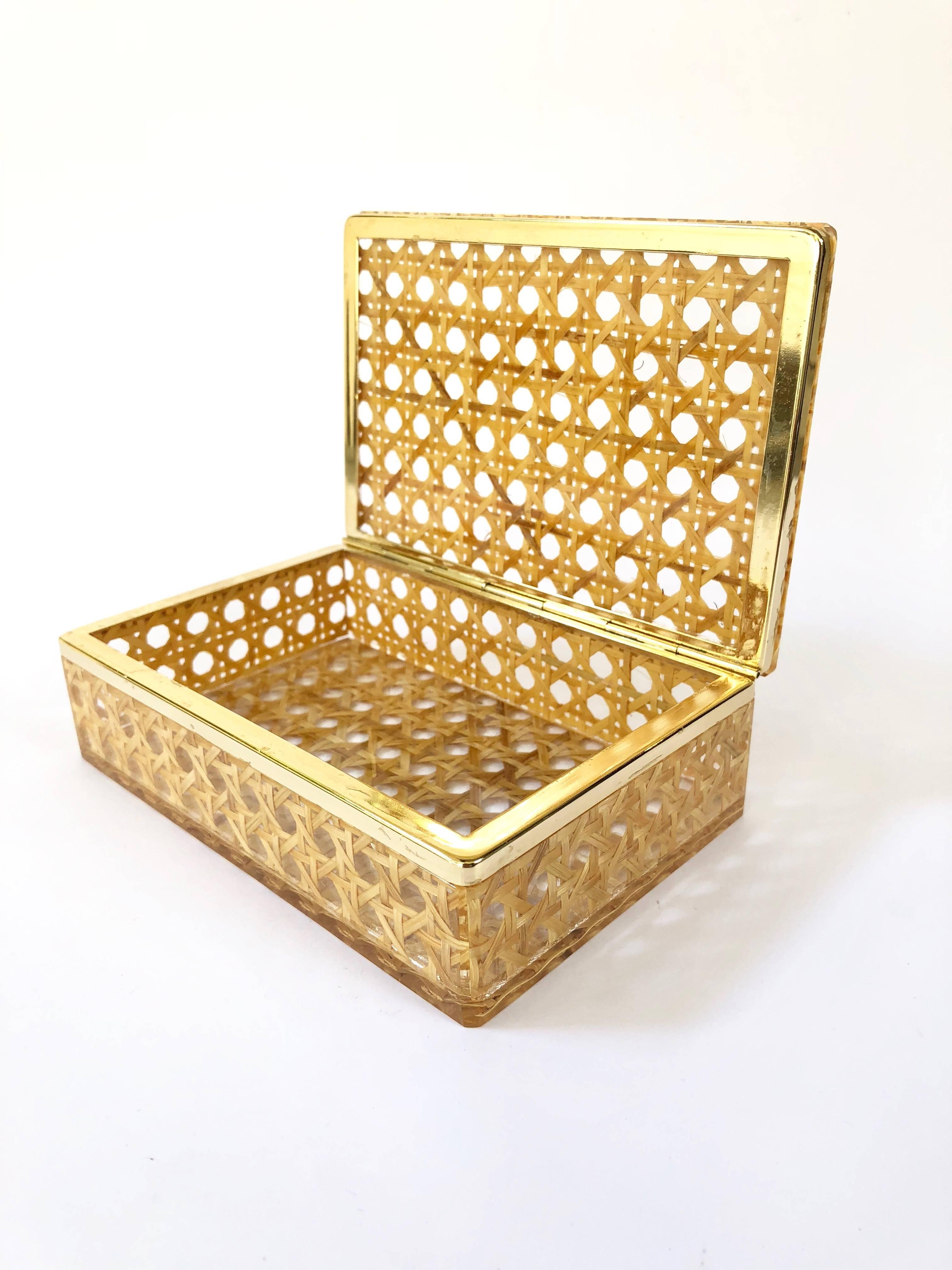 Mid-Century Modern Box in Lucite, Wicker and Brass in Christian Dior Style, 1970