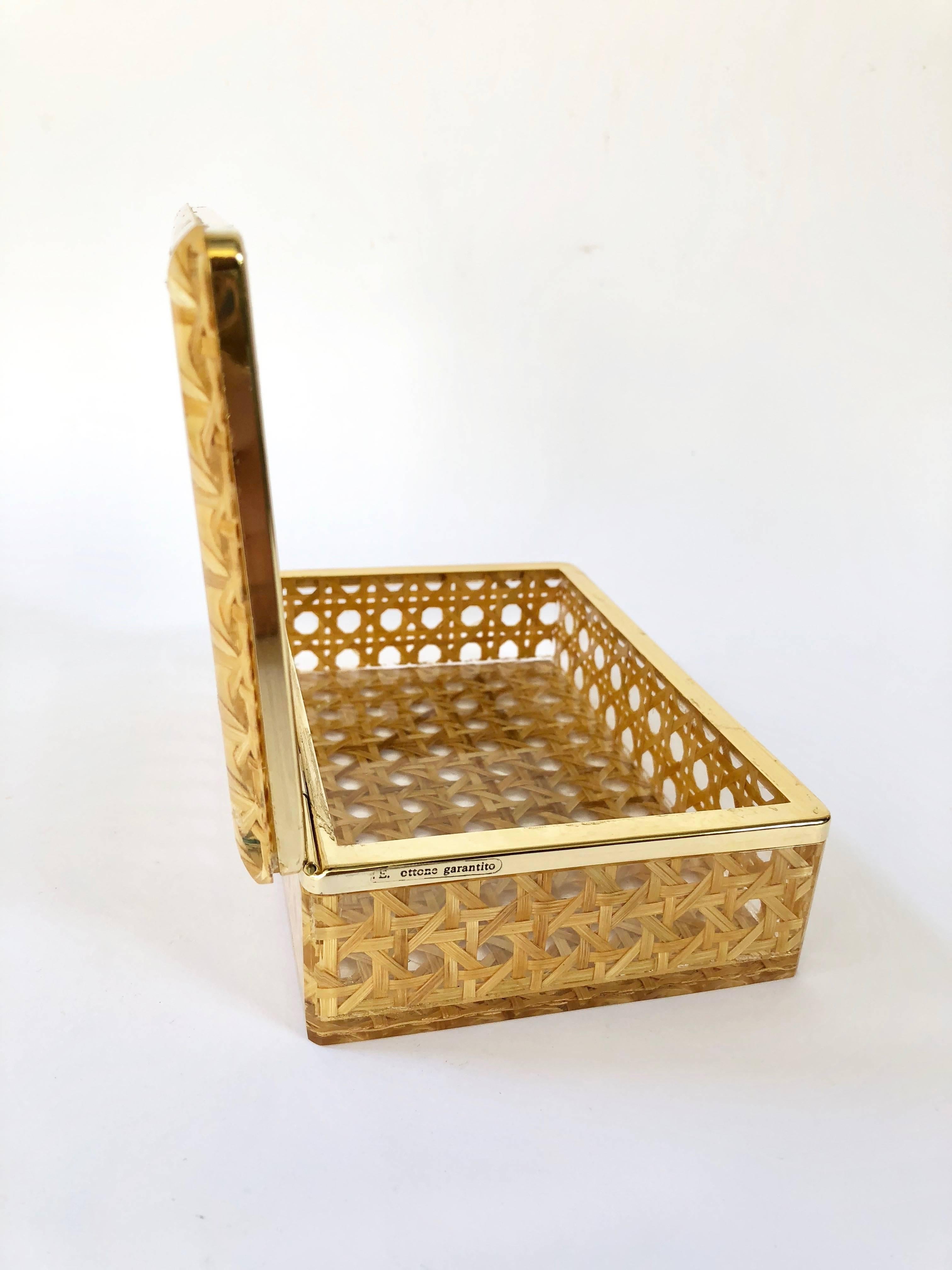 French Box in Lucite, Wicker and Brass in Christian Dior Style 1970 