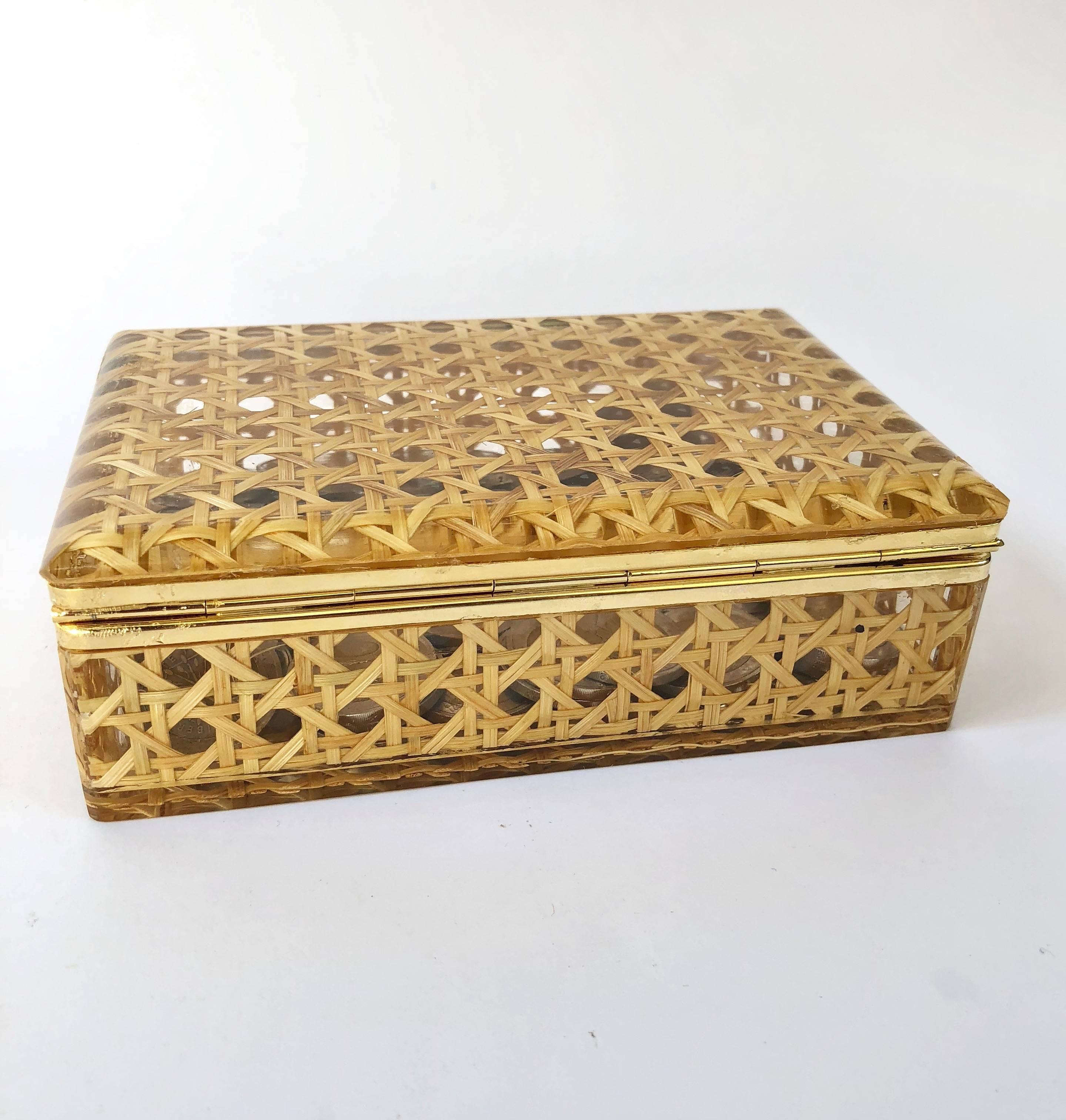 Box in Lucite, Wicker and Brass in Christian Dior Style, 1970 2