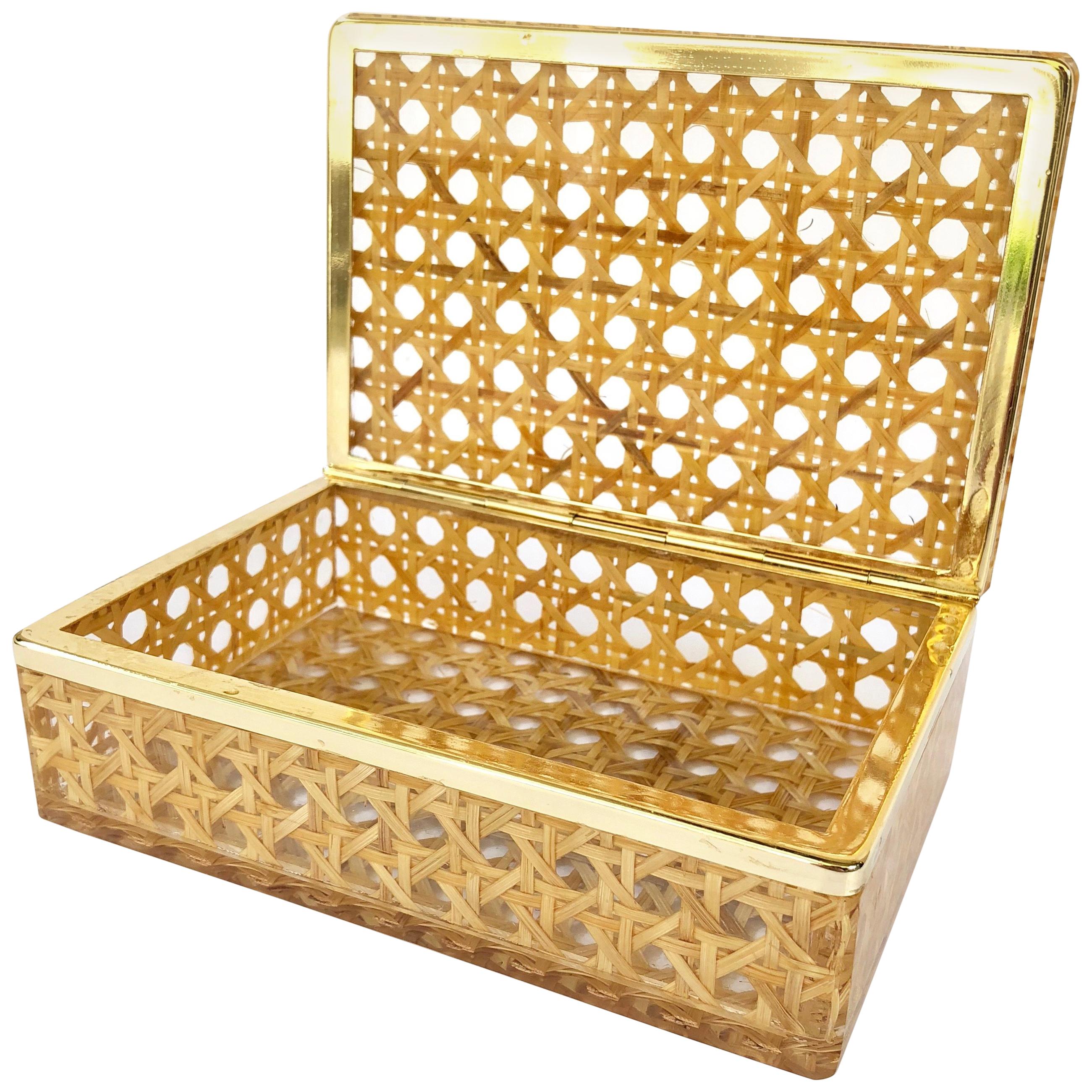 Box in Lucite, Wicker and Brass in Christian Dior Style 1970 
