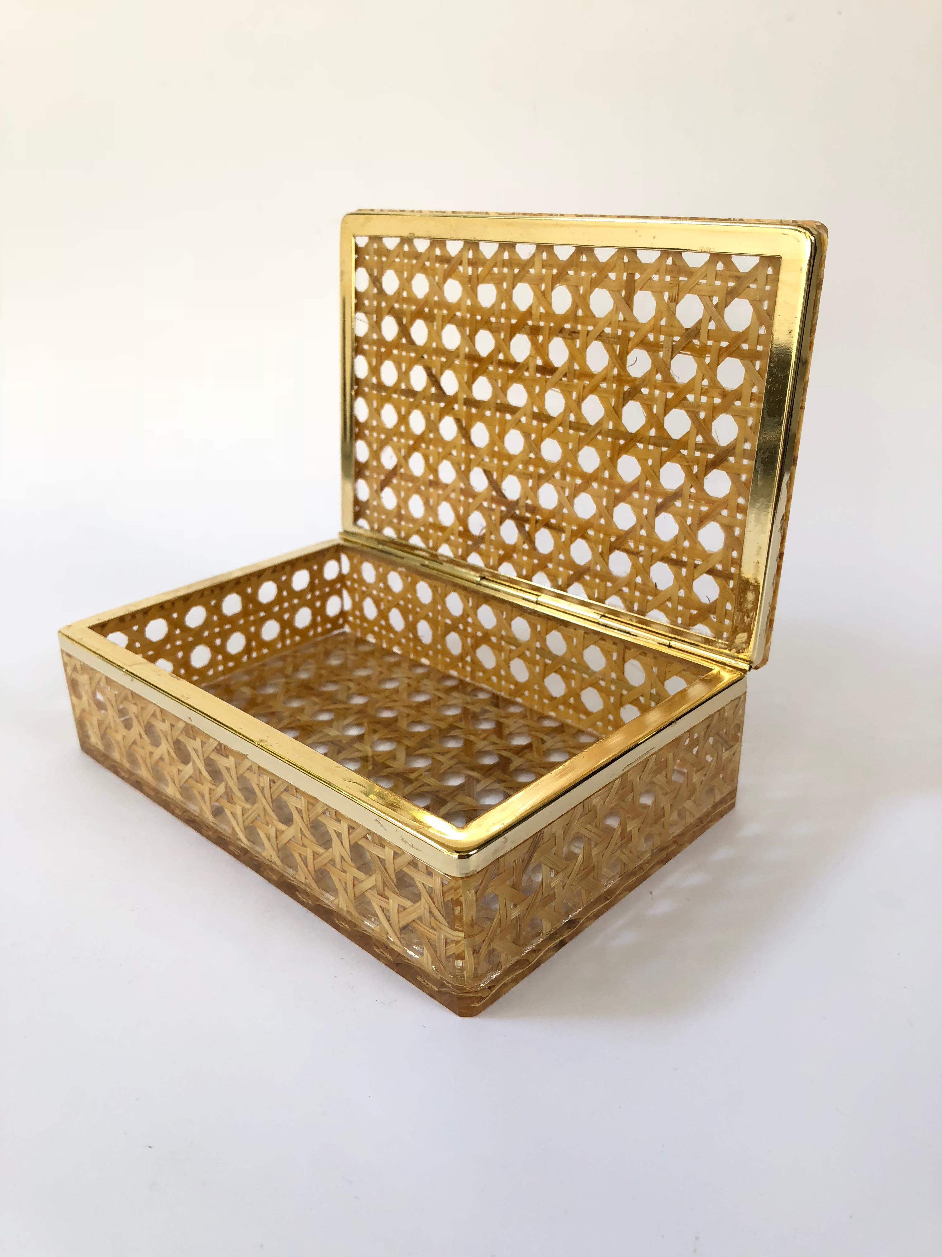 Mid-Century Modern Box in Lucite, Wicker and Brass in Christian Dior Style, 1970, France
