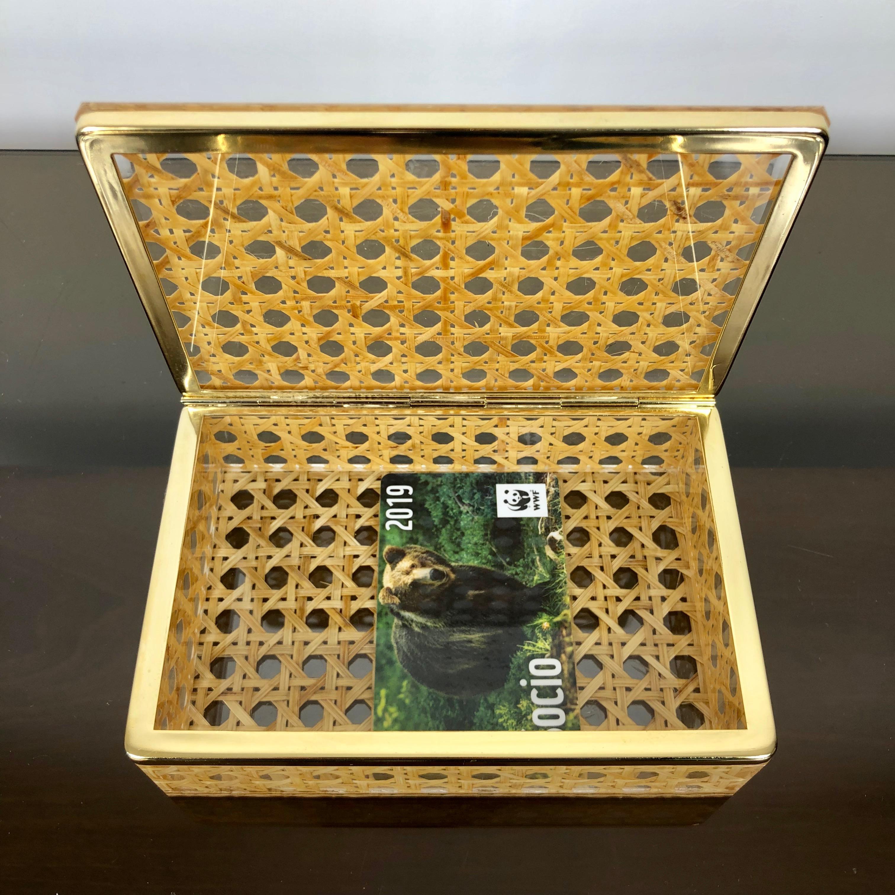 Mid-Century Modern Box in Lucite, Wicker Rattan and Brass in Christian Dior Style, Italy