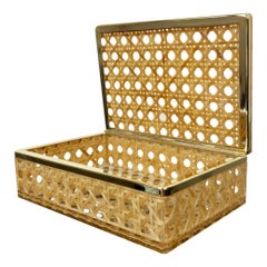 Box in Lucite, Wicker Rattan and Brass in Christian Dior Style, Italy
