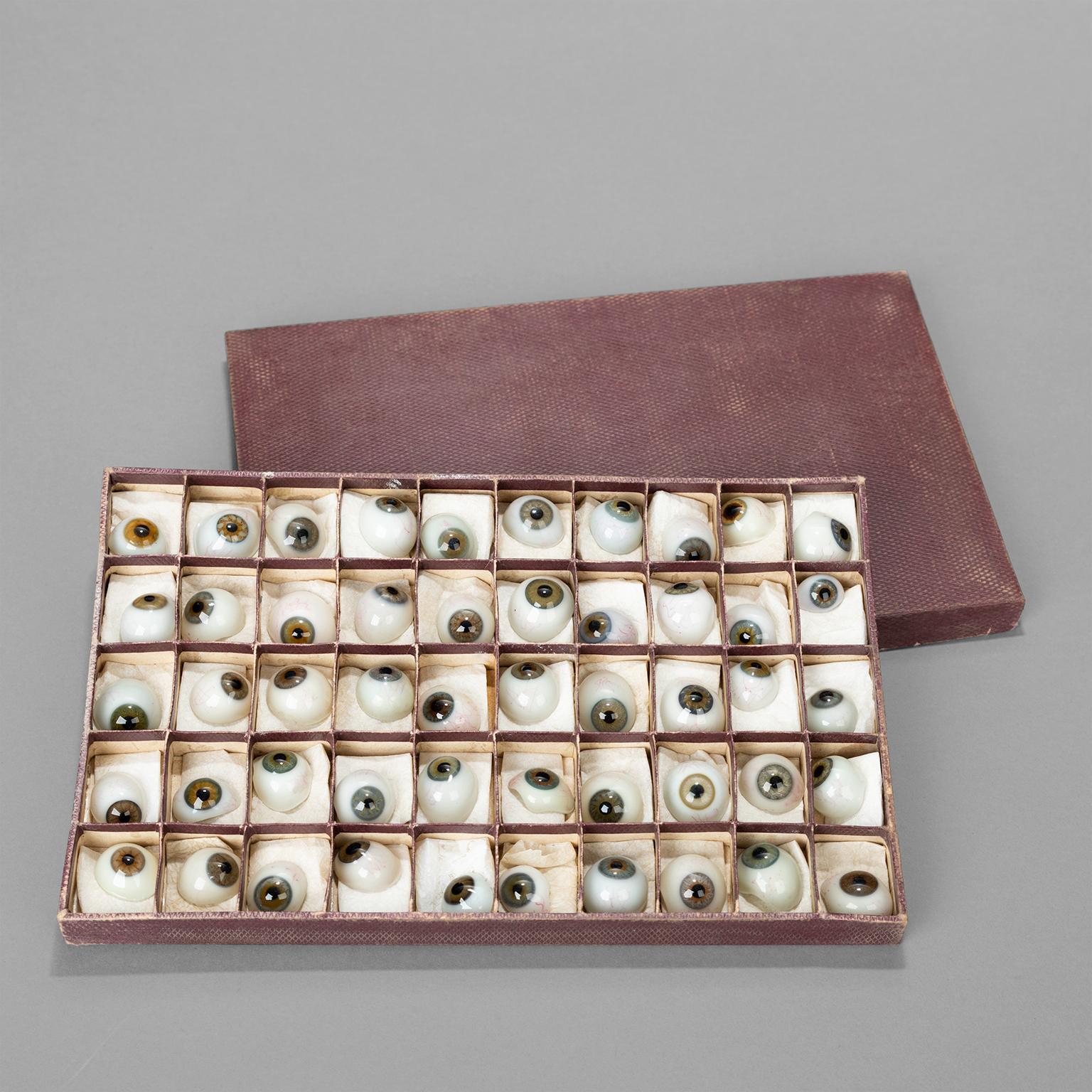 Prothestic blown glass eyes, presented in a cardboard box with individual compartments. Right or Left prothesis.

Box length 27cm, width 17cm, height 3 cm.