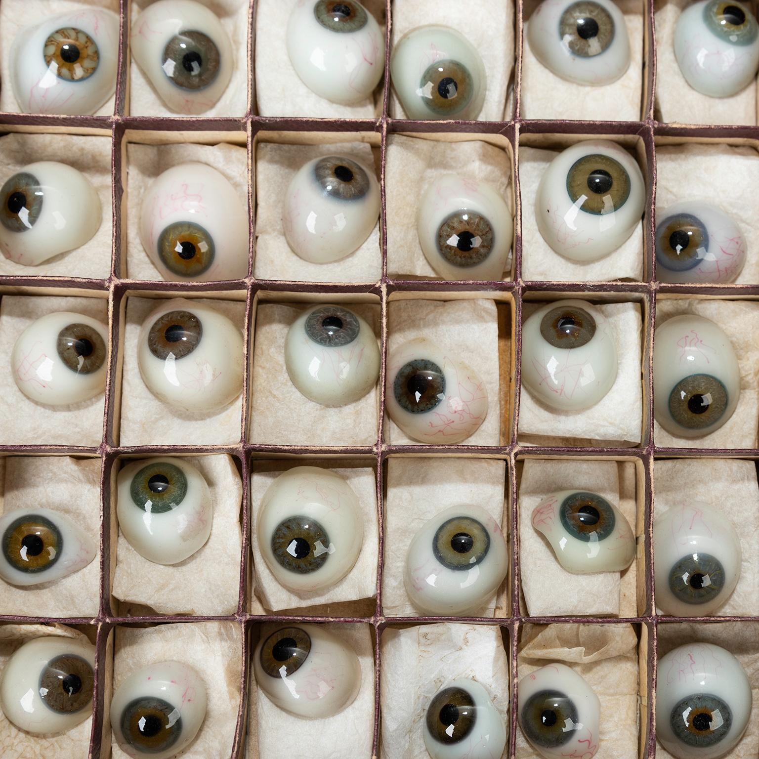 Early 20th Century Box of 50 Blown Glass Eyes, circa 1920