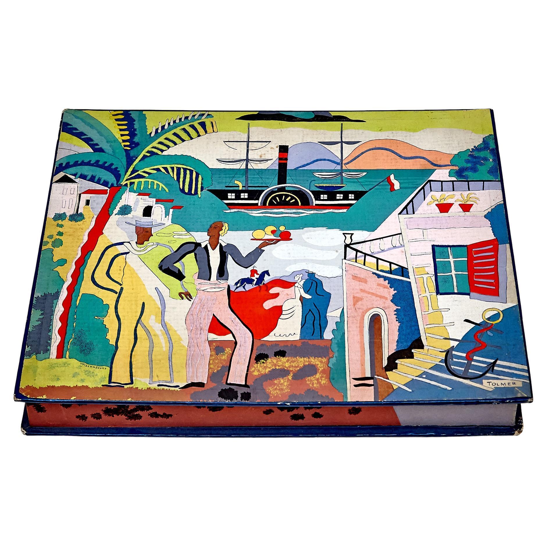 Boîte de chocolats peinte à la main par Alfred Tolmer.    Fabriqué en Espagne, vers 1960.    En état d'origine avec une usure mineure conforme à l'âge et à l'utilisation, préservant une belle patine.    Matériaux :   Papier    Dimensions :   P 22 cm