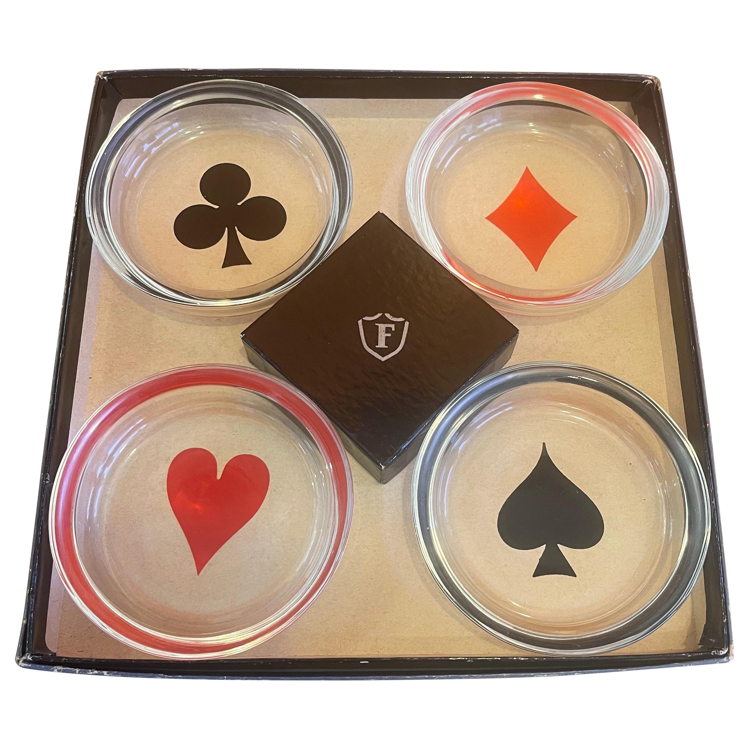 Box Set of Four MCM Poker / Cards Glass Coasters or Ashtrays by Federal Glass Co