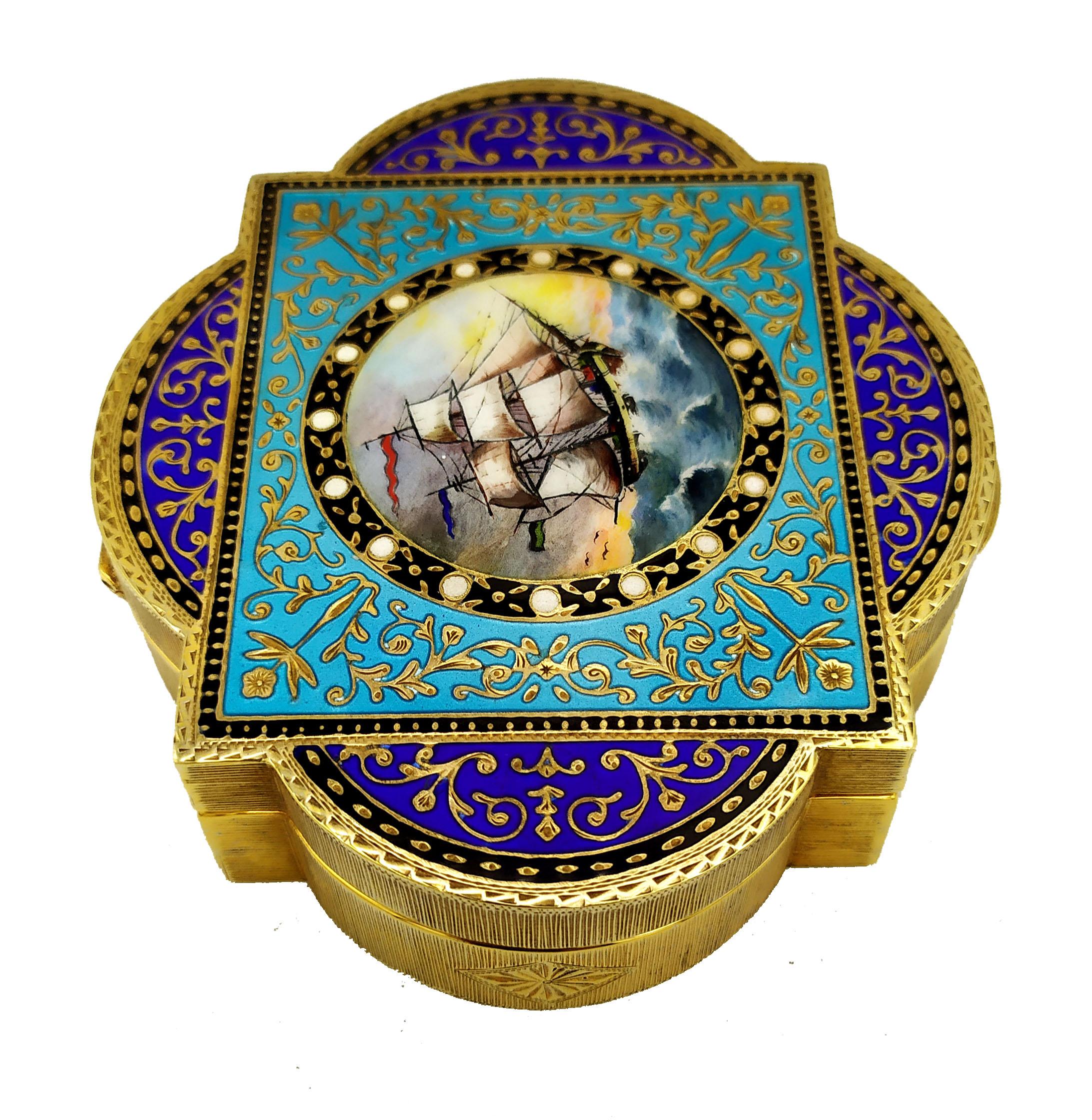 Baroque Box shaped enamel hand painted, engraved and miniature Sterling Silver Salimbeni For Sale