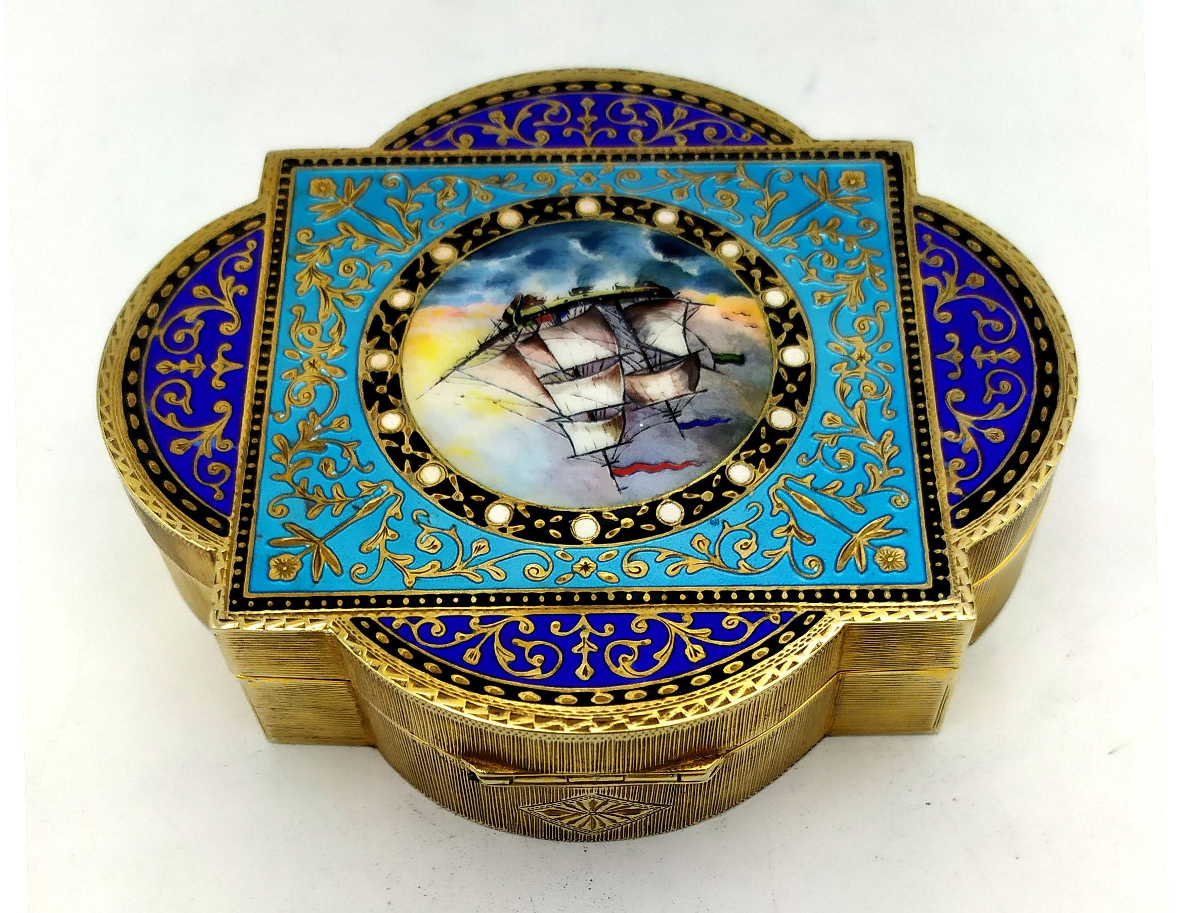 Italian Box shaped enamel hand painted, engraved and miniature Sterling Silver Salimbeni For Sale