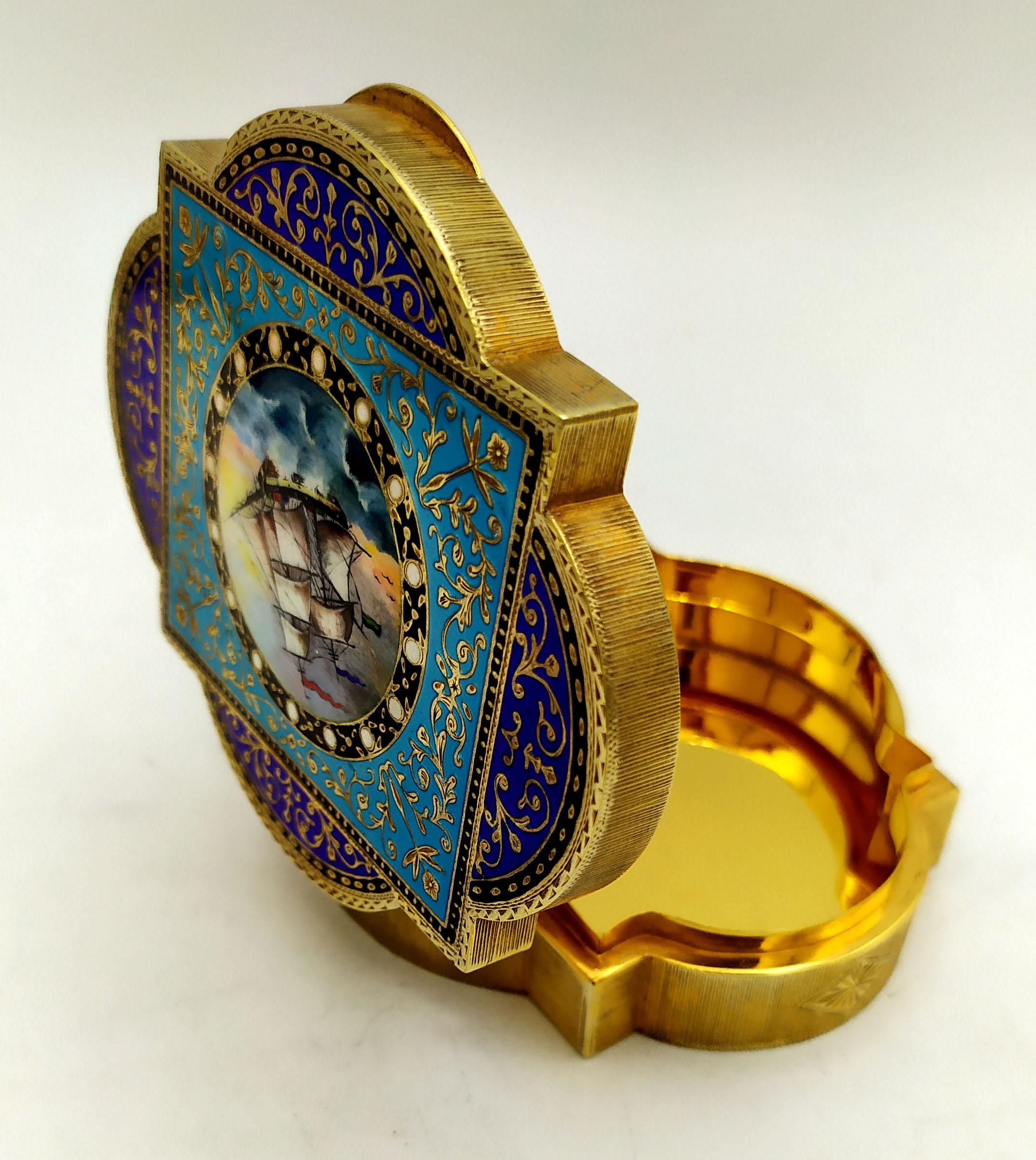Enameled Box shaped enamel hand painted, engraved and miniature Sterling Silver Salimbeni For Sale