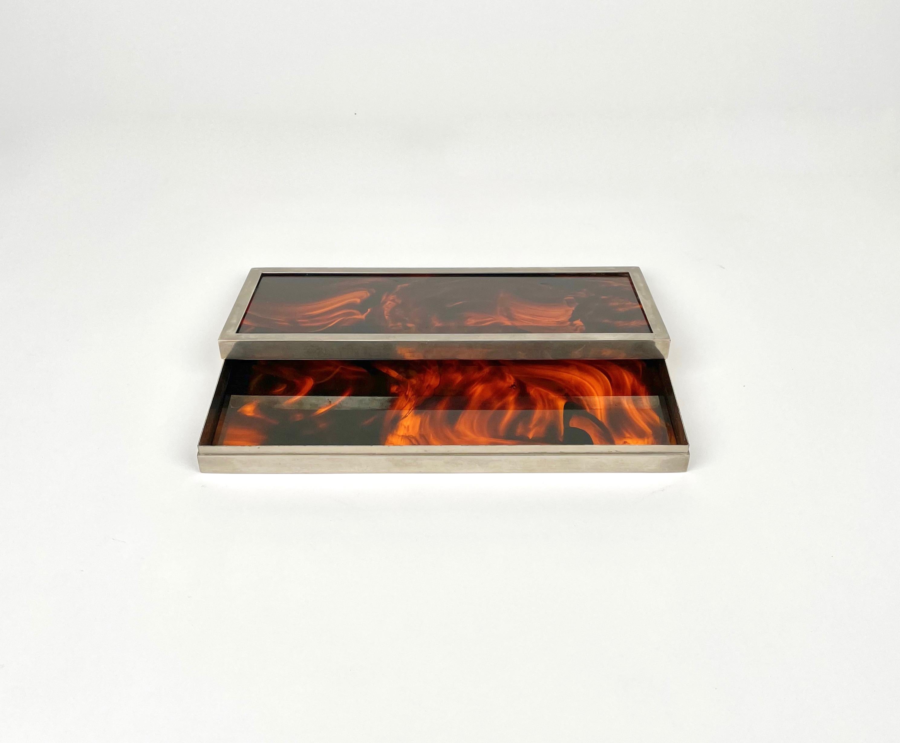 Metal Box Tortoiseshell Effect Lucite and Chrome Christian Dior style, Italy 1970s