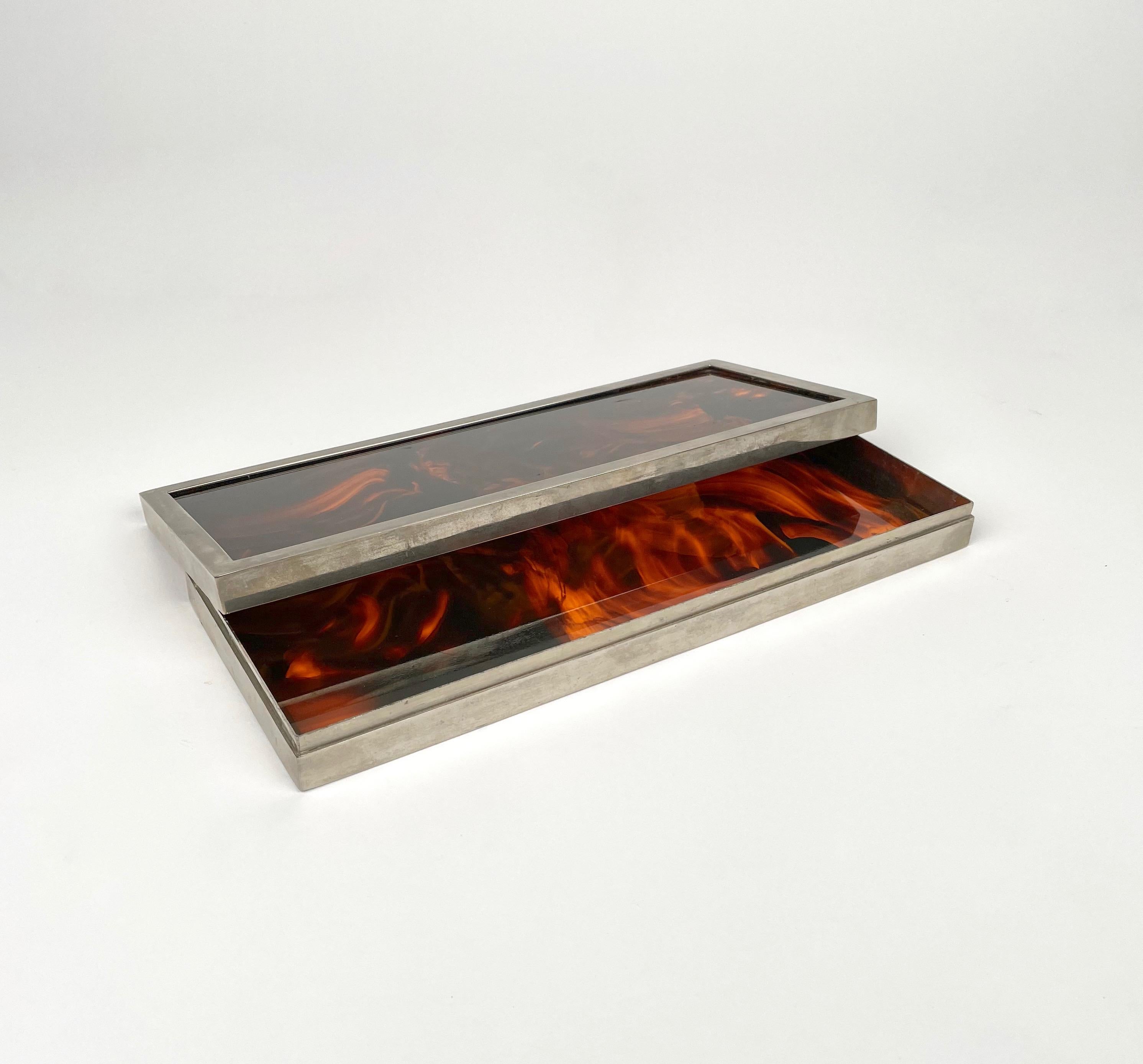 Box Tortoiseshell Effect Lucite and Chrome Christian Dior style, Italy 1970s 1