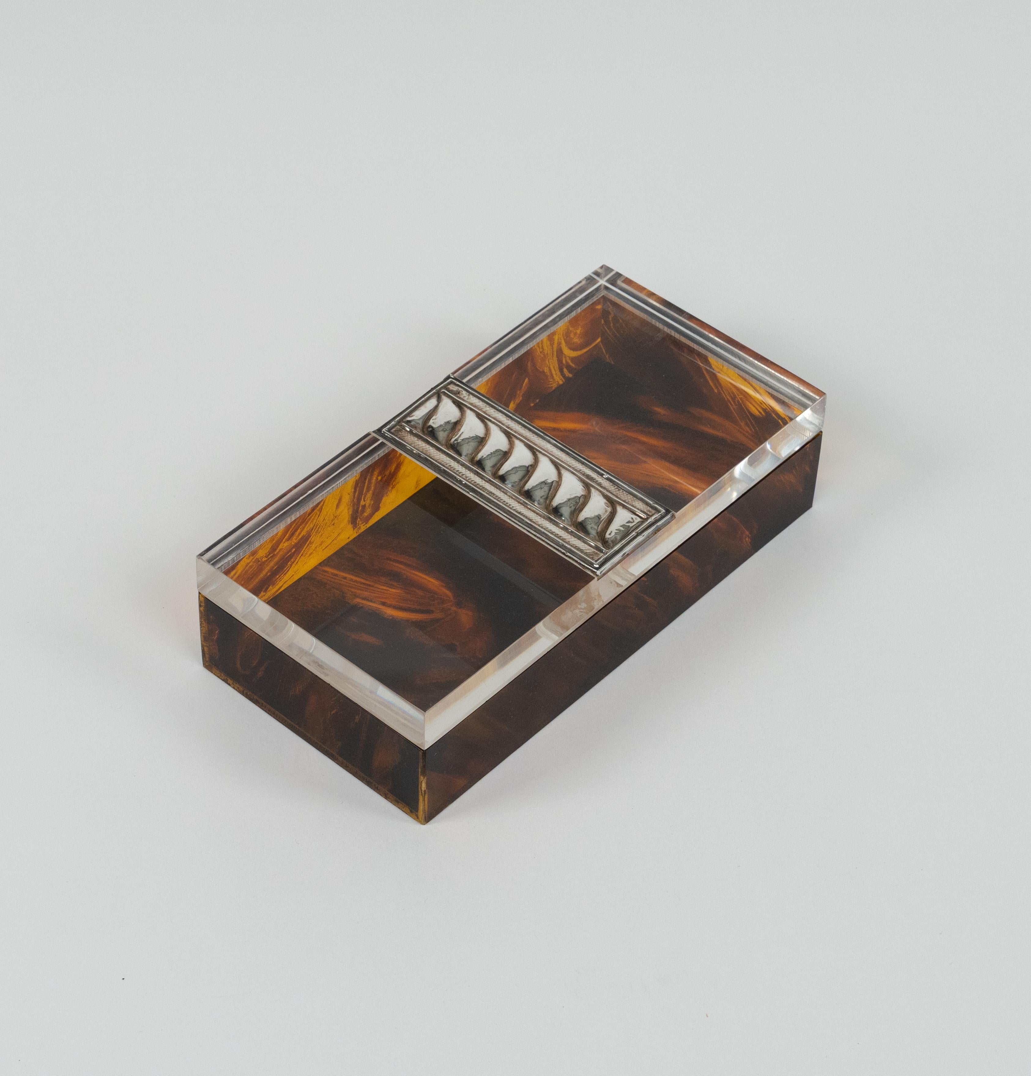 Mid-Century Modern Box Tortoiseshell Effect Lucite and Silver Christian Dior Style, Italy, 1980s For Sale