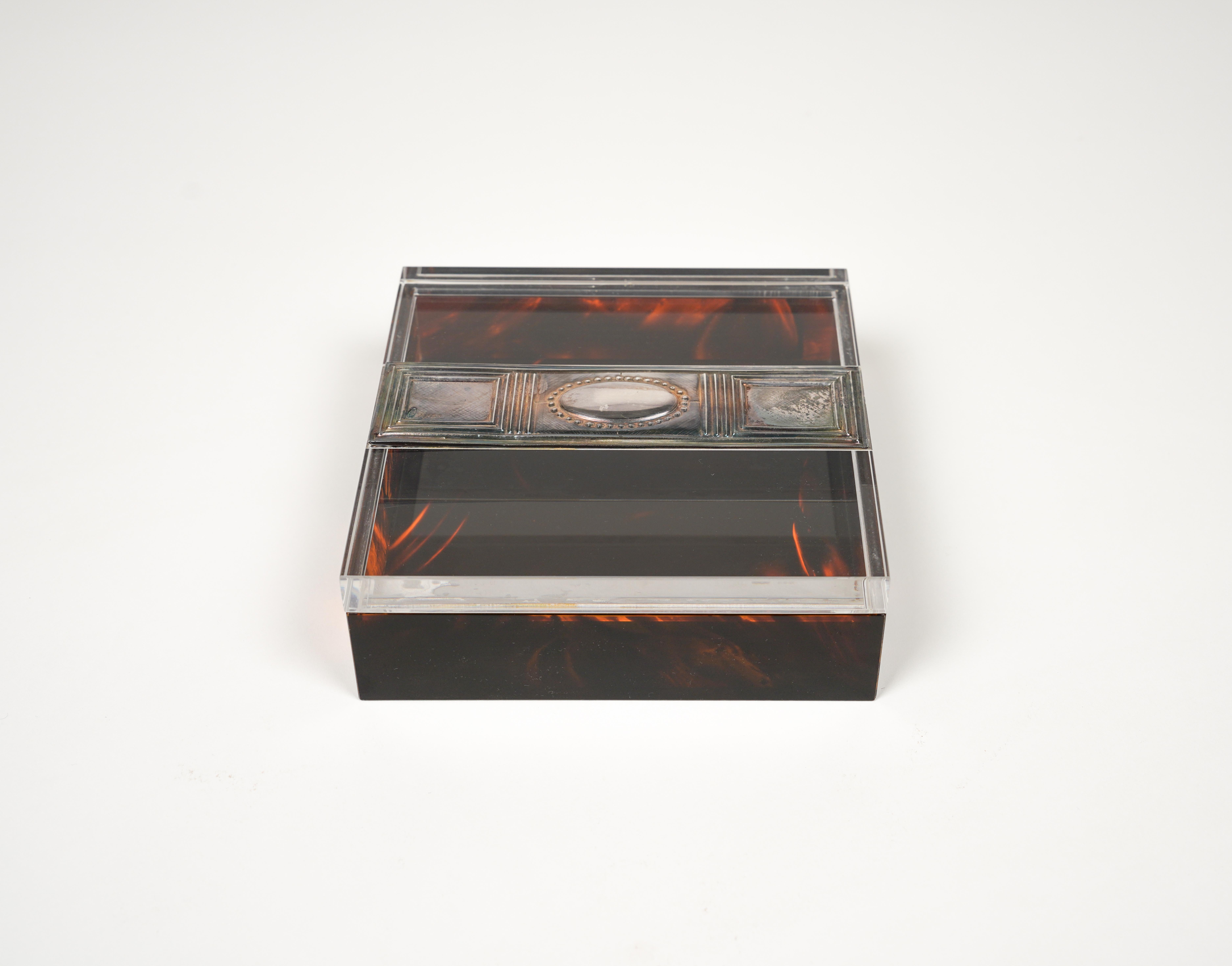 Italian Box Tortoiseshell Effect Lucite and Silver Christian Dior Style, Italy, 1980s For Sale