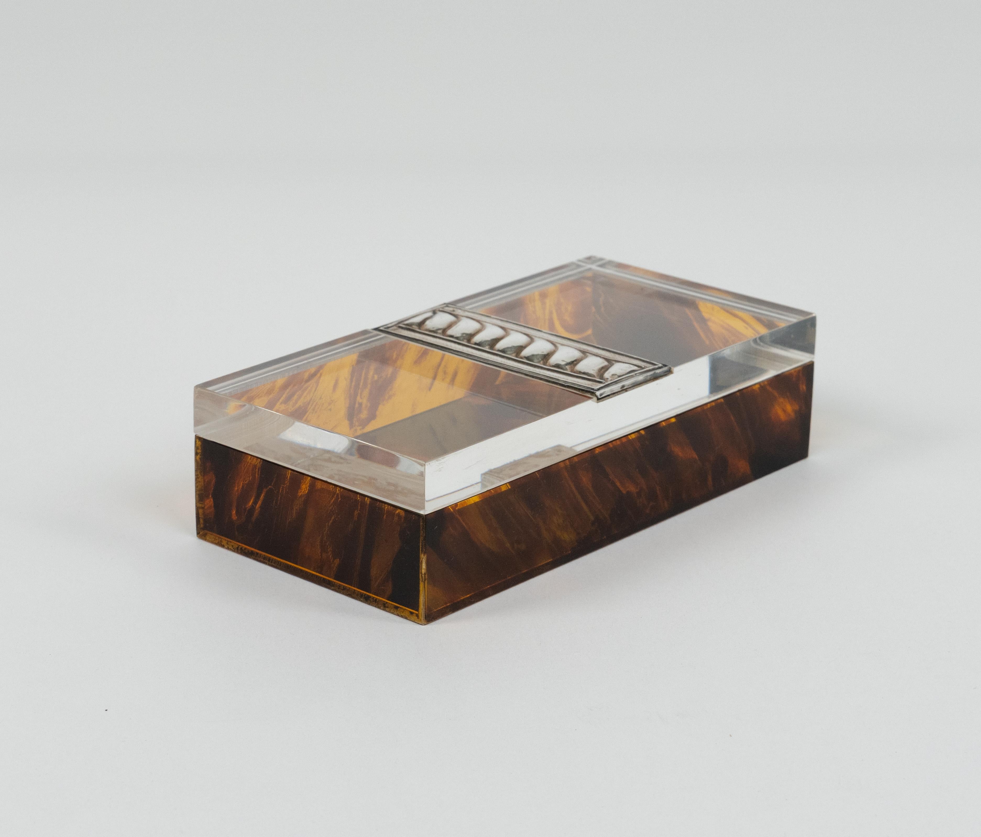 Italian Box Tortoiseshell Effect Lucite and Silver Christian Dior Style, Italy, 1980s For Sale