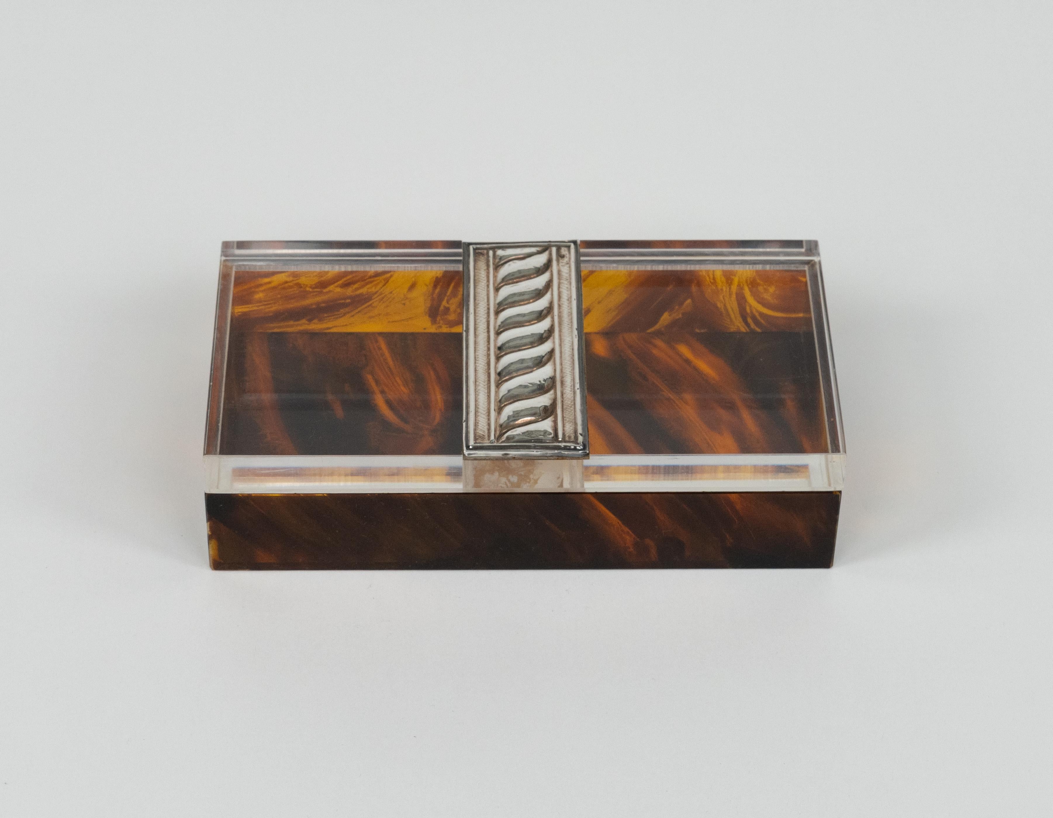 Late 20th Century Box Tortoiseshell Effect Lucite and Silver Christian Dior Style, Italy, 1980s For Sale