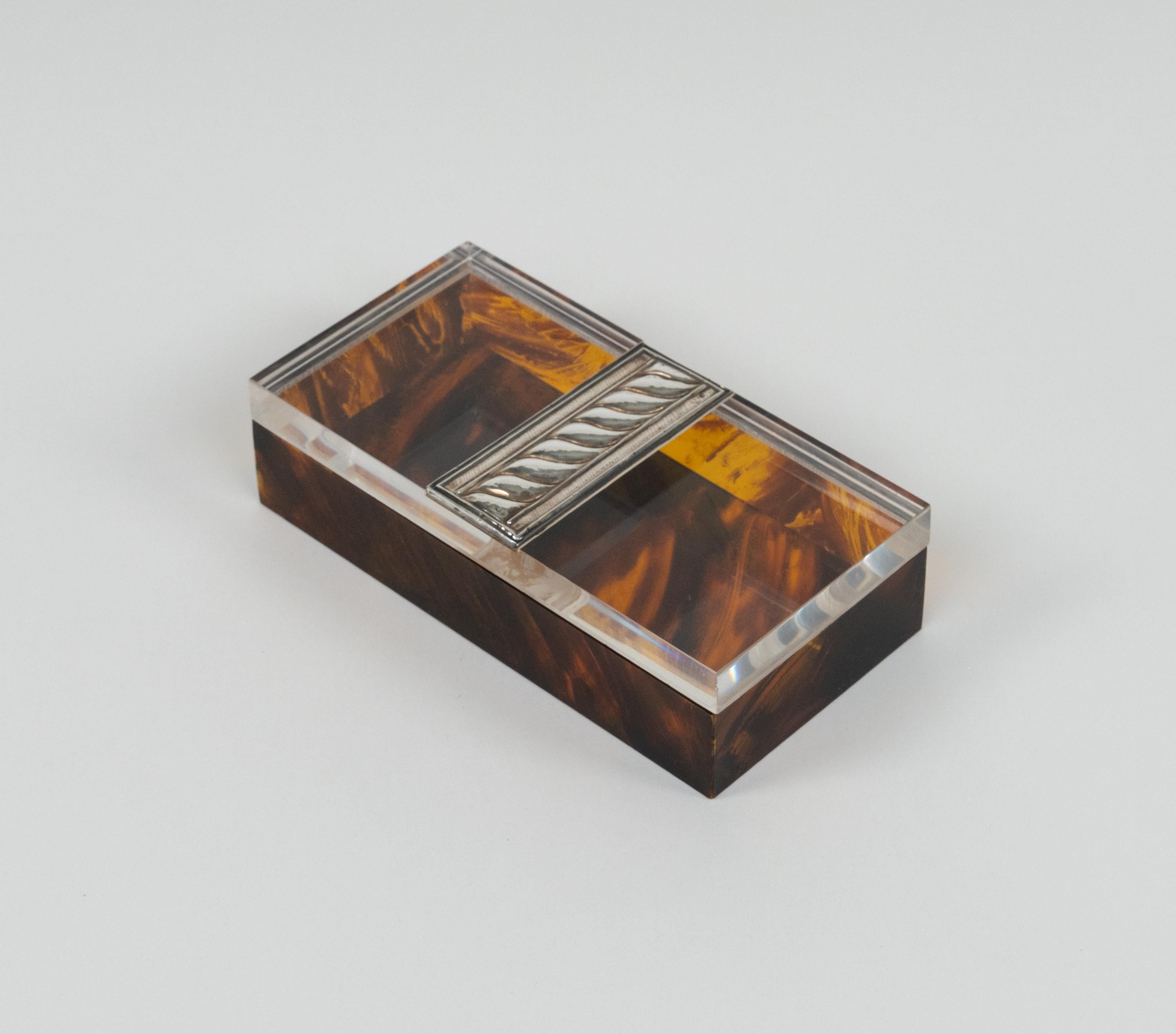 Metal Box Tortoiseshell Effect Lucite and Silver Christian Dior Style, Italy, 1980s For Sale