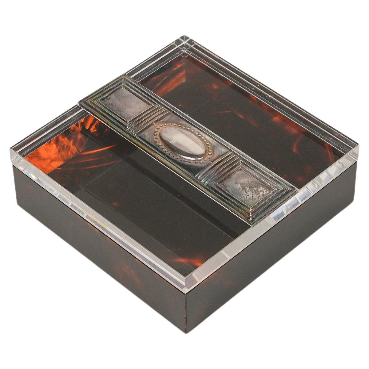 Box Tortoiseshell Effect Lucite and Silver Christian Dior Style, Italy, 1980s